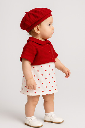 Chicsy Baby Kız Bebek Kalpli Elbise Triko Bolero ve Bereli 3’lü Takım