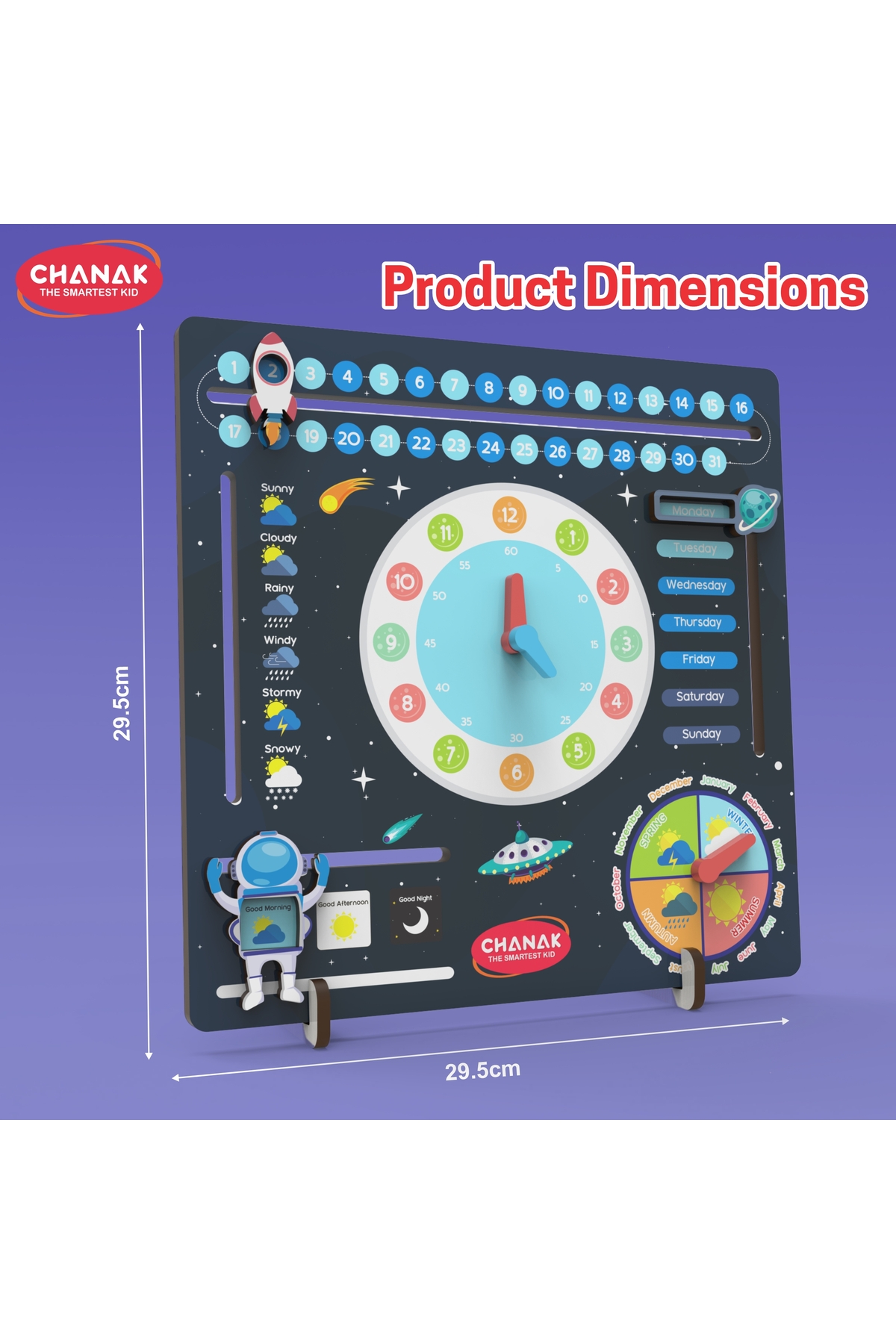 ساعت چوبی آموزشی فضایی برای کودکان | آموزش زمان، تاریخ، هفته، ماه و آب‌وهوا
