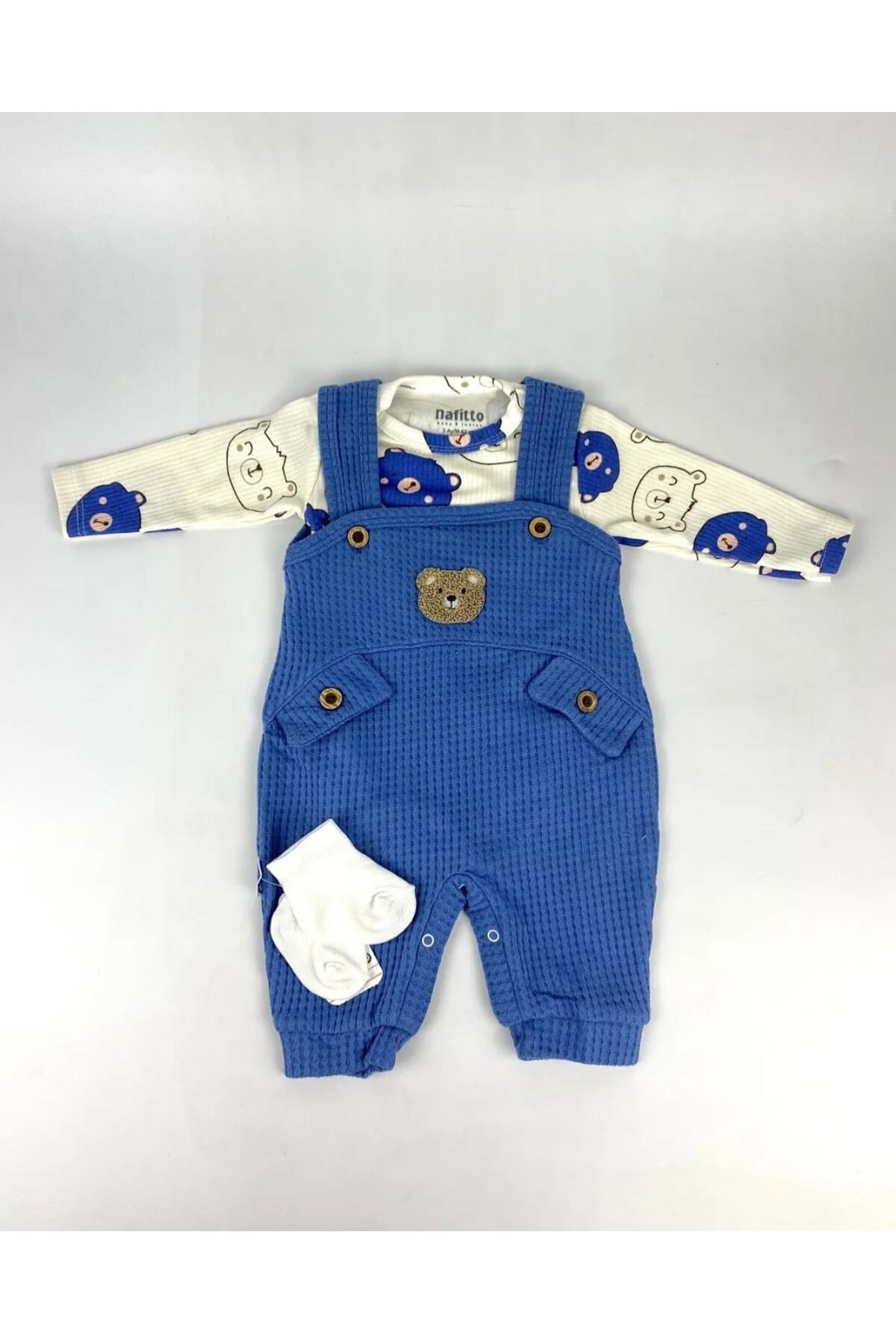 NAFİTO NAFİTTO Ayıcık Nakışlı Erkek Bebek 3’lü Tulum Seti – Zıbın, Tulum Ve Çorap . 1 Beden Büyük Alınız. fotoğrafı 4 (önizleme)