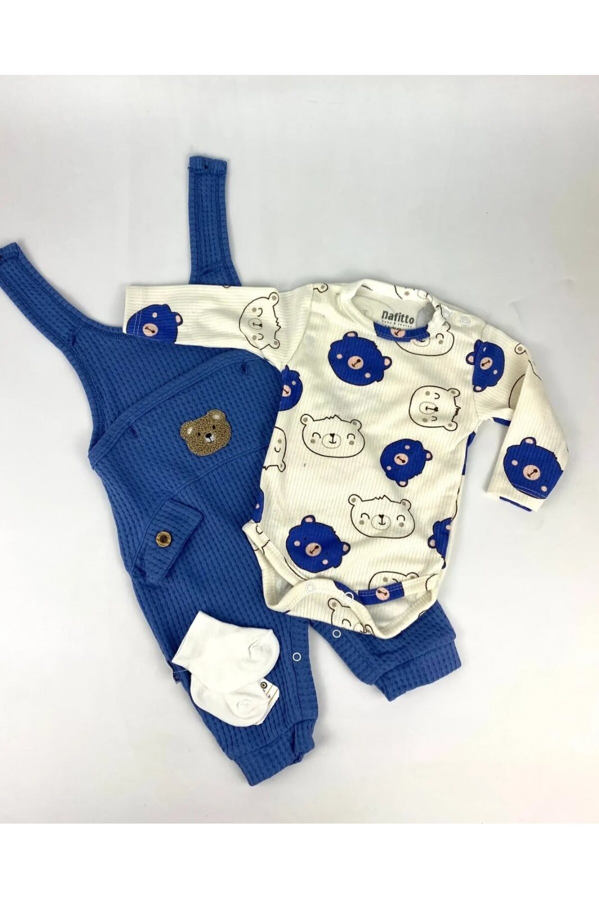 NAFİTO NAFİTTO Ayıcık Nakışlı Erkek Bebek 3’lü Tulum Seti – Zıbın, Tulum Ve Çorap . 1 Beden Büyük Alınız. fotoğrafı 5 (önizleme)
