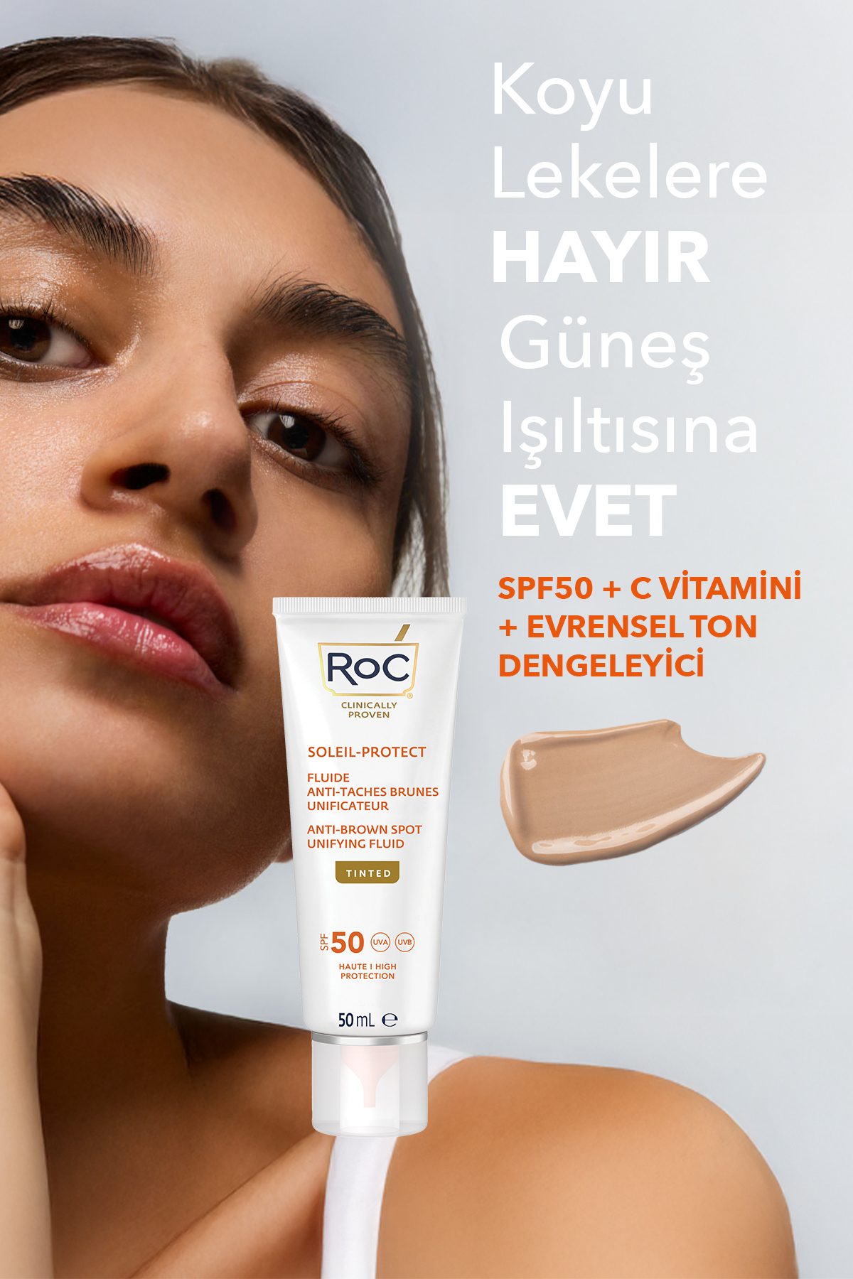 Ton Eşitleyici Leke Karşıtı Yüz Kremi SPF50 50 ml + Hyalüronik Asit Kapsül Serum 10 adet Hediyeli — ROC0016 — تصویر 2 از 6