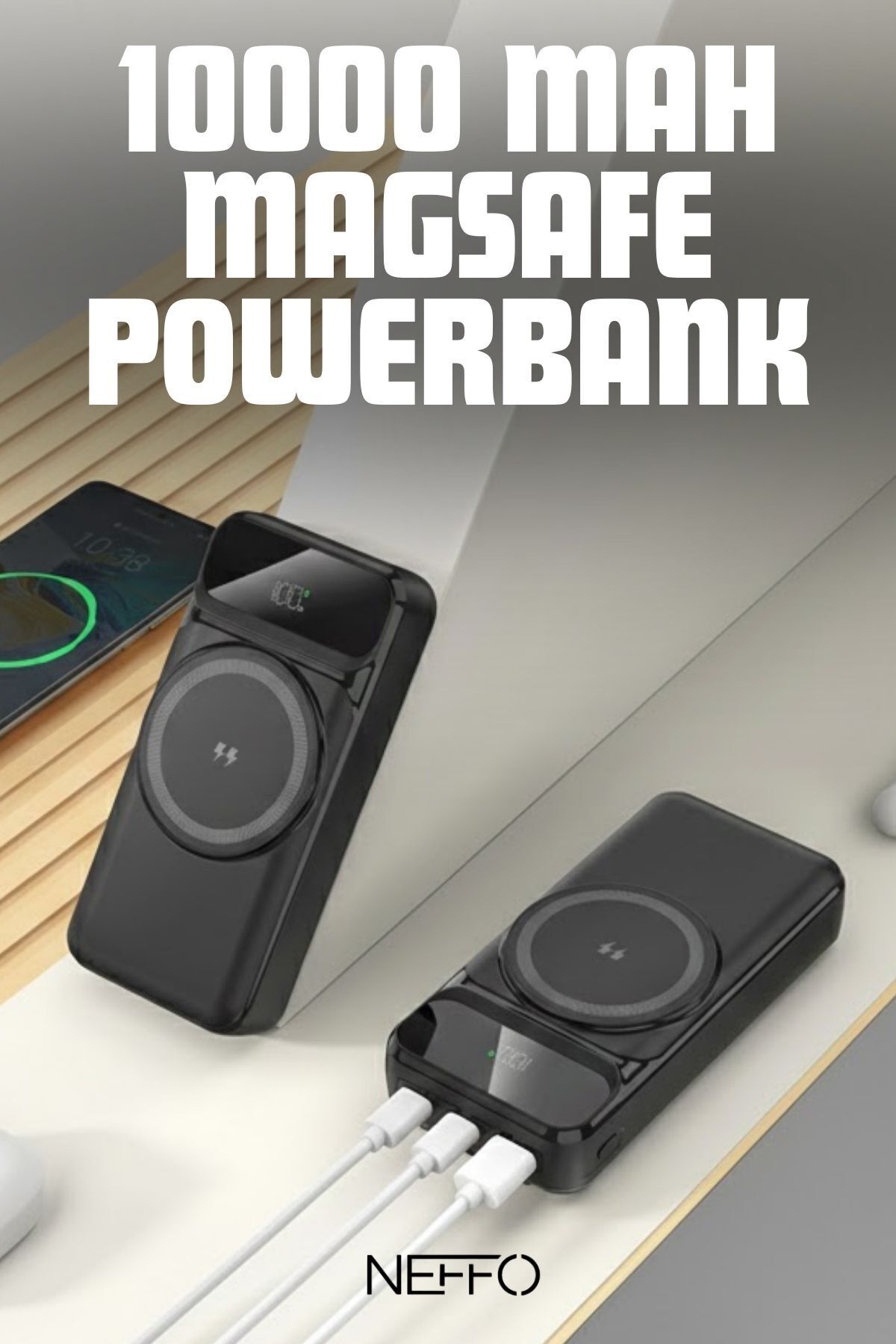 NEFFO 10000mAh MagSafe 15W Kablosuz ve 22.5W Hızlı Kablolu Şarj Destekli Manyetik Powerbank – LCD Ekranlı