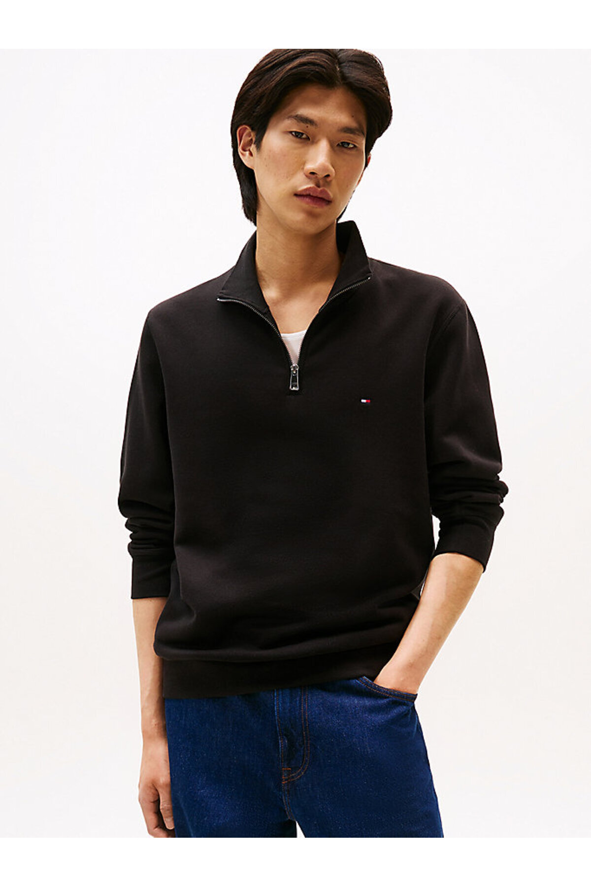 تامی هیلفیگر سویشرت مردانه نخی یقه ایستاده نیم زیپ مدل MW0MW3723