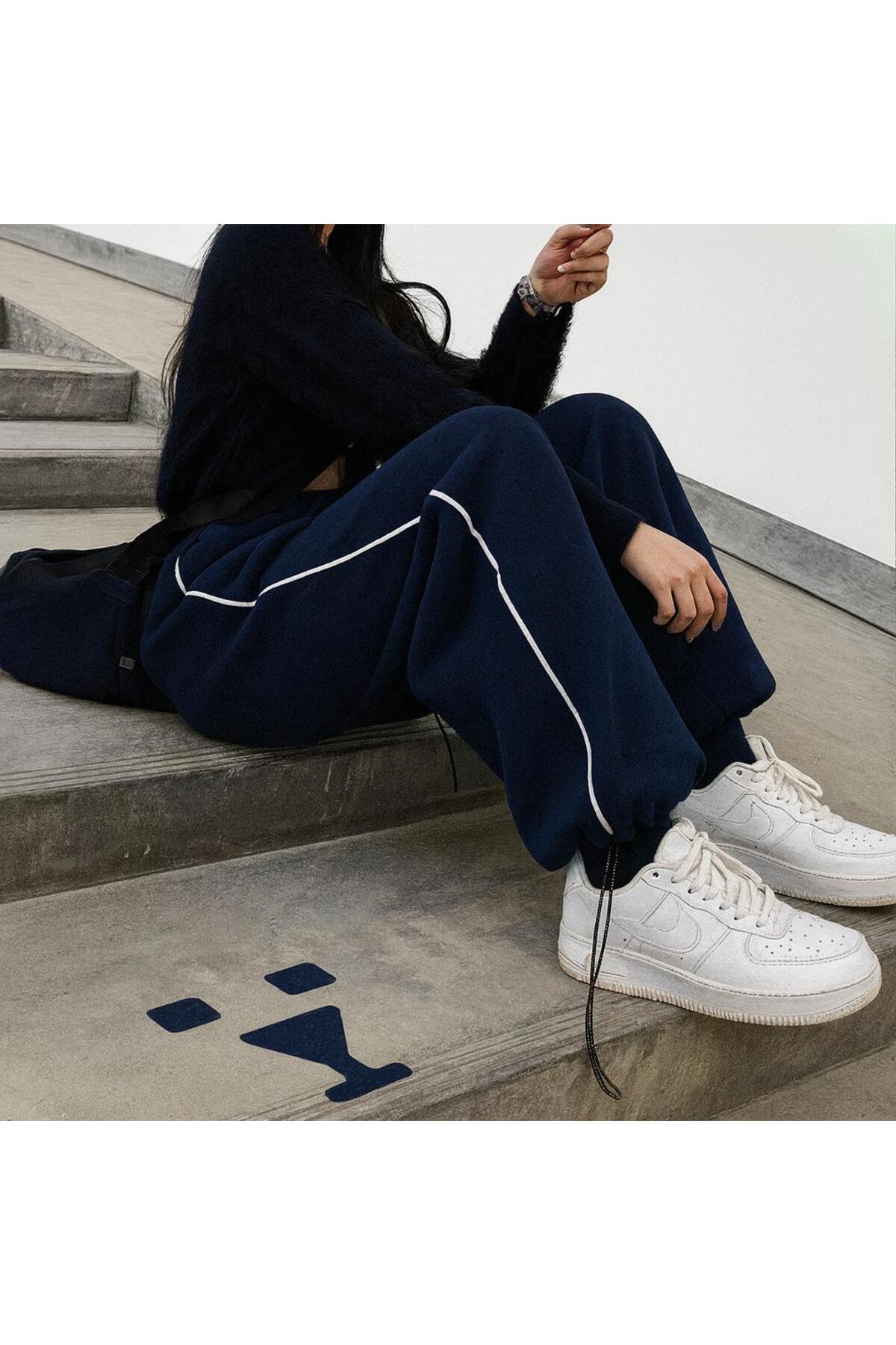 pandy  Harajuku Zip Detail Navy Blue Tracksuit Oversize Eşofman Altı - Görsel 2