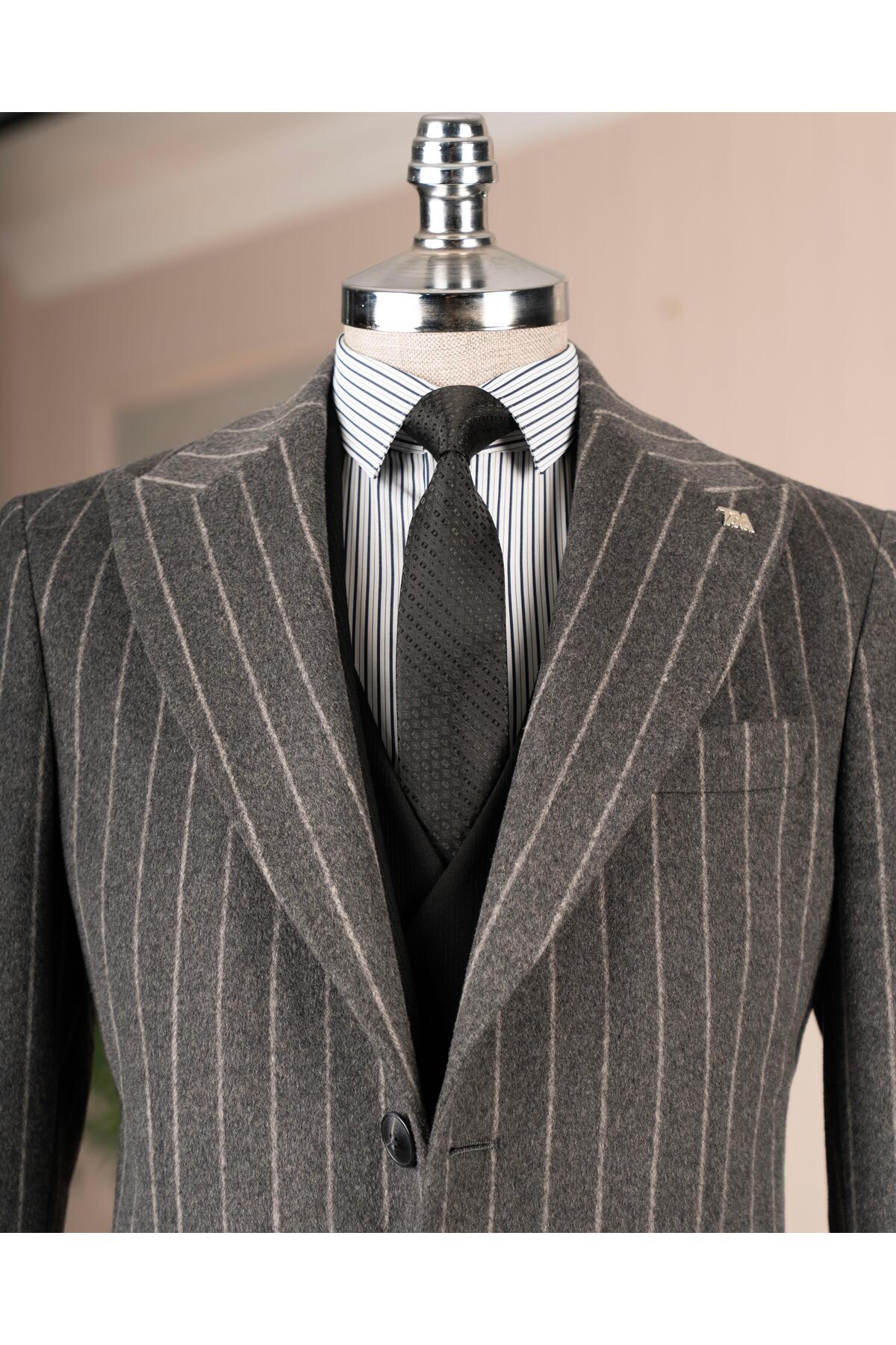TerziAdemAltun İtalyan stil slim fit sivri yaka yün karışımlı kaşe erkek kaban antrasit T14718 görsel 2