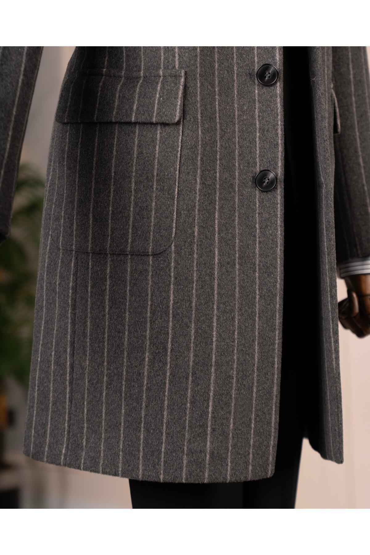 TerziAdemAltun İtalyan stil slim fit sivri yaka yün karışımlı kaşe erkek kaban antrasit T14718 görsel 5
