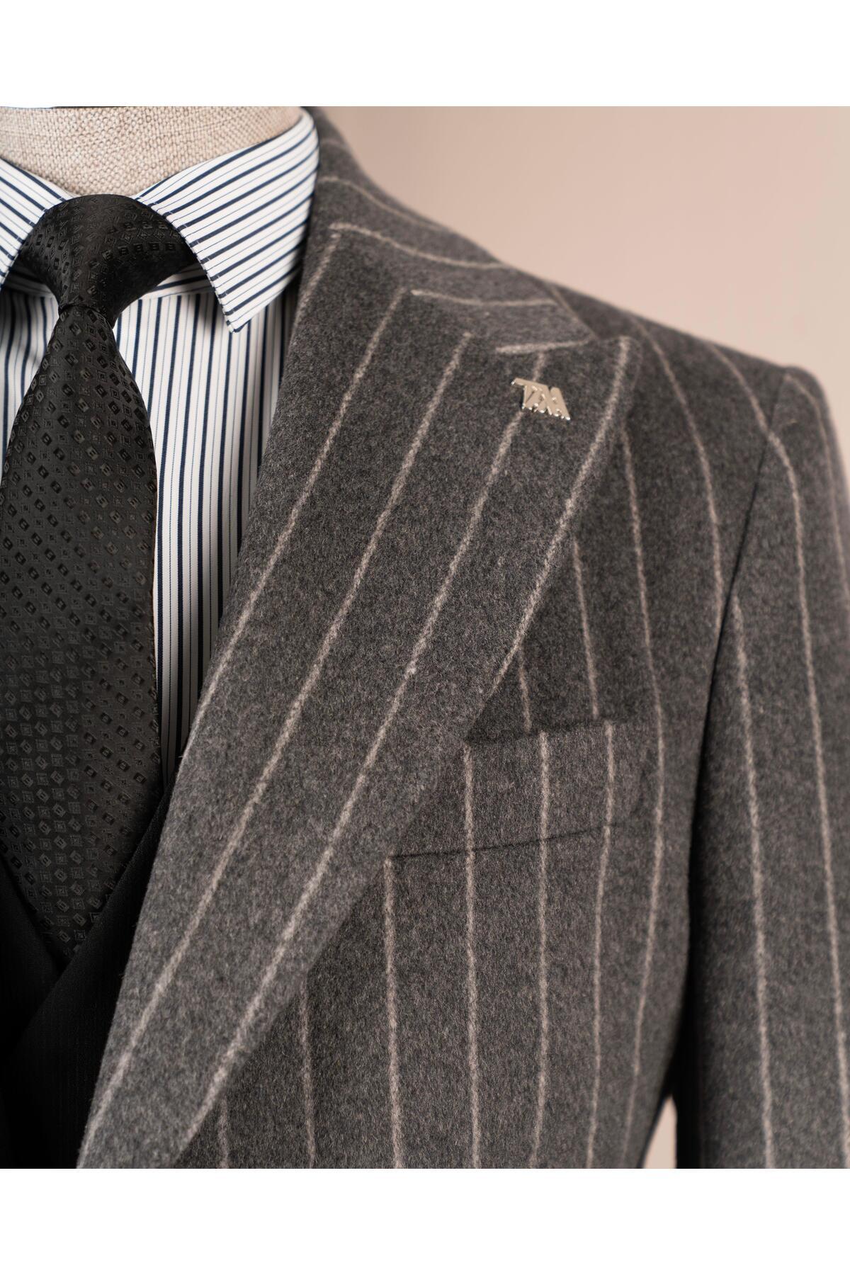 TerziAdemAltun İtalyan stil slim fit sivri yaka yün karışımlı kaşe erkek kaban antrasit T14718 görsel 3
