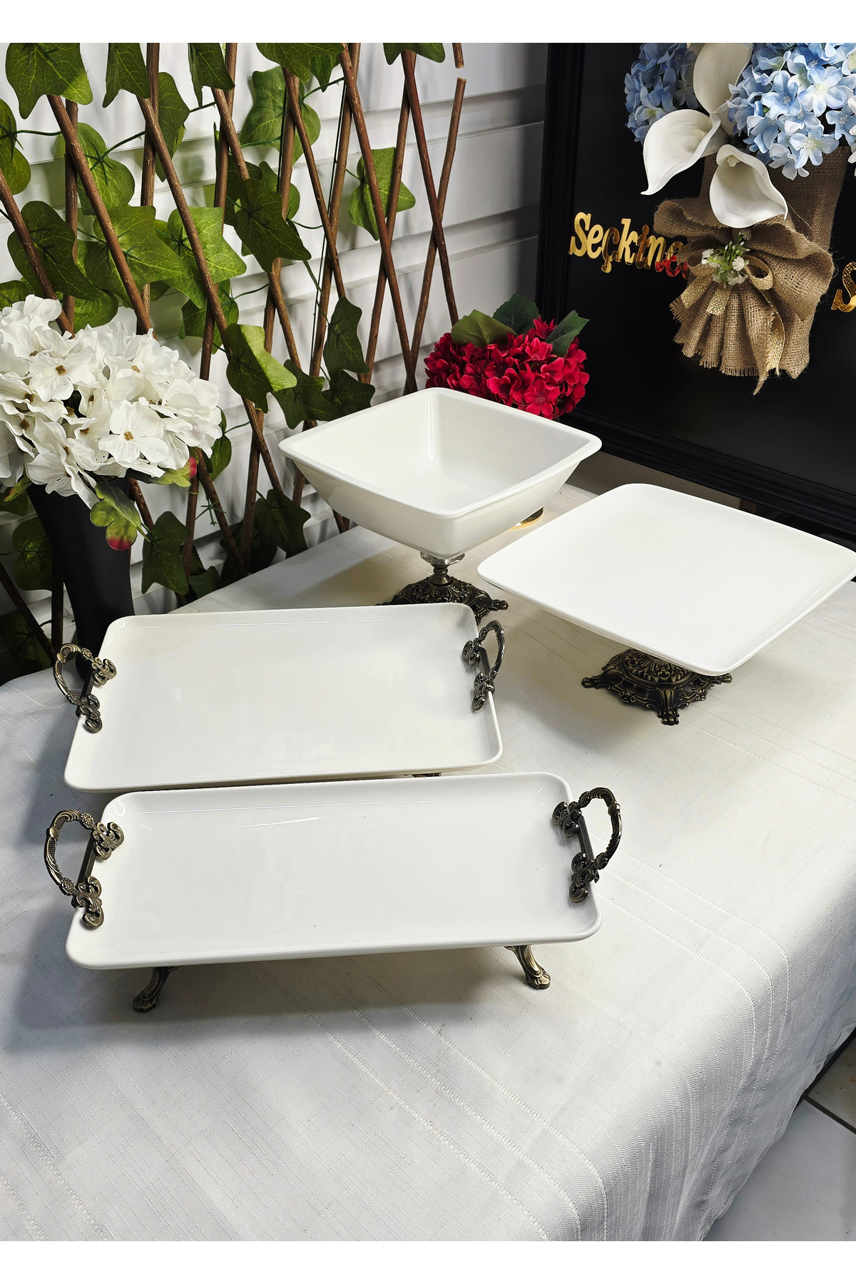 Pisa 4-Piece Cream Porcelain, Antique Porcelain Serving Plate Set with Metal Legs