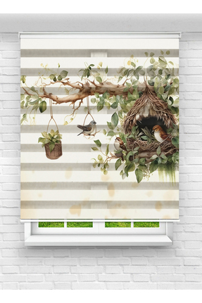 vanilyahome Sevimli Kuş Yuvası ve Yeşil Yaprak Temalı Dijital Baskılı Zebra S...