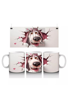 Wisdom Rain Pembe Kalplerle Çevrili Gülümseyen Karikatür Köpek - Baskılı kahv...