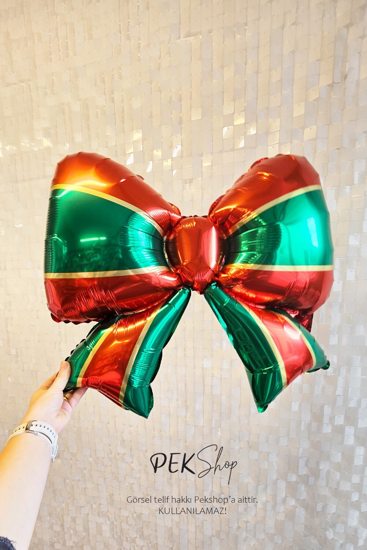 PEKSHOP Kırmızı Yeşil Fiyonk Folyo Balon Kurdele Yılbaşı Süsleme Balonu