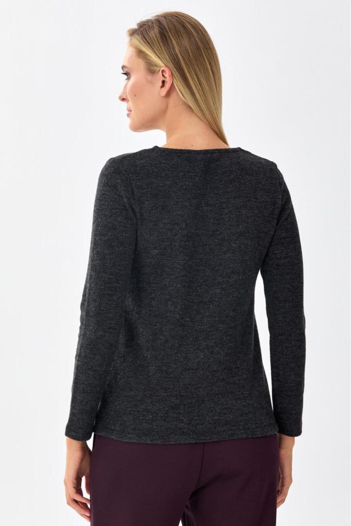 İkiler  V Yaka Deri Biye Detaylı Triko Bluz 256-1711 - Görsel 5