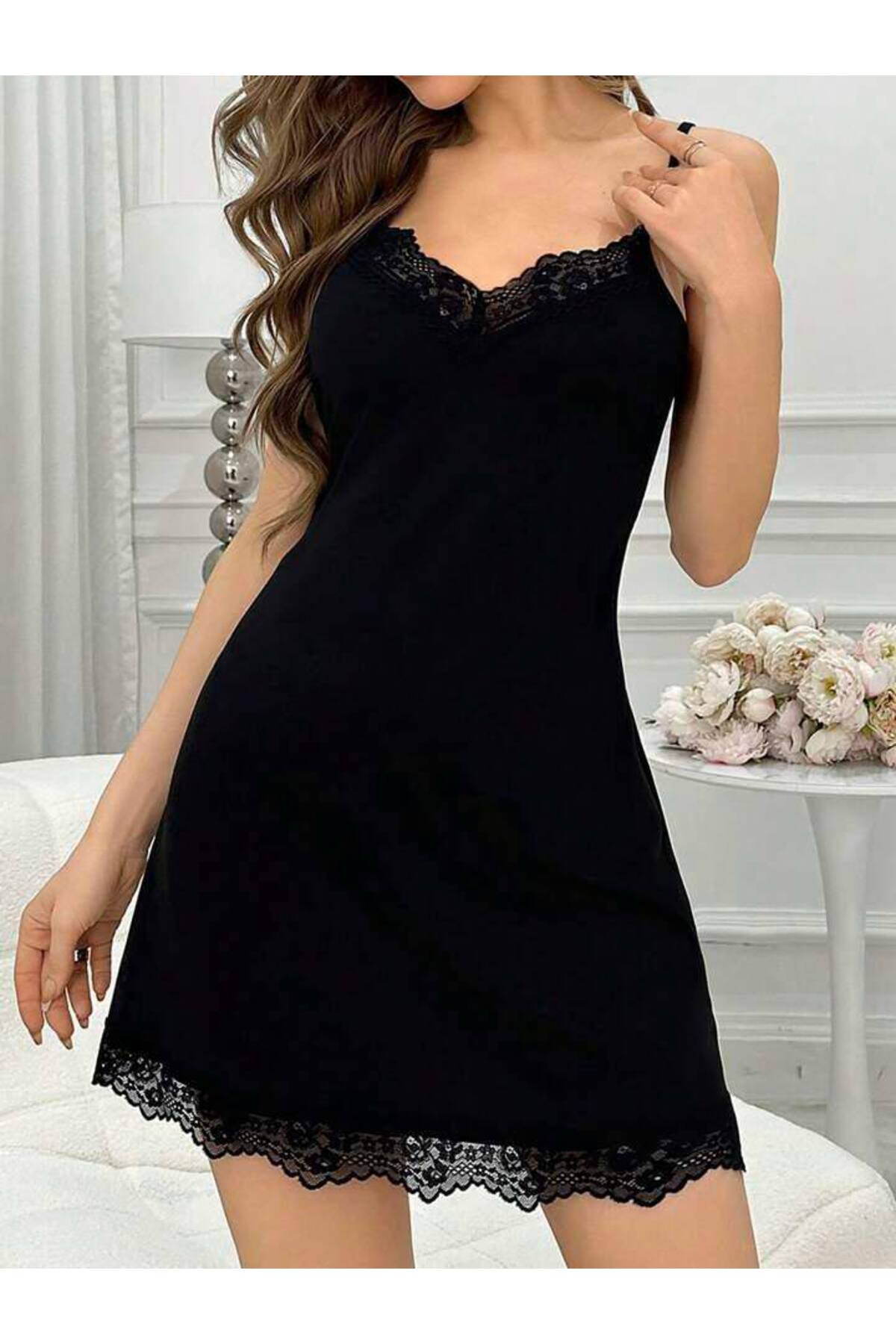 pijamapuff KADIN KISA SİYAH DANTELLİ GECELİK MEYSİYAH GECELİK