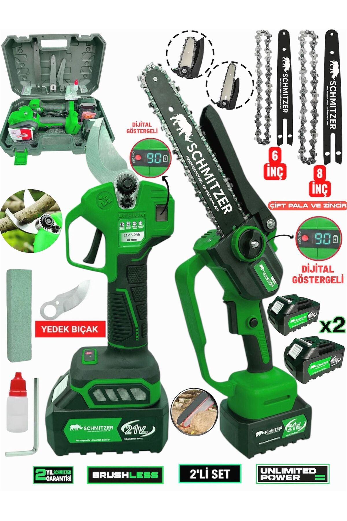 SCHMITZER 2'Li Pro Set 21V Çelik Şanzuman 2 Pala ve Zincir Şarjlı