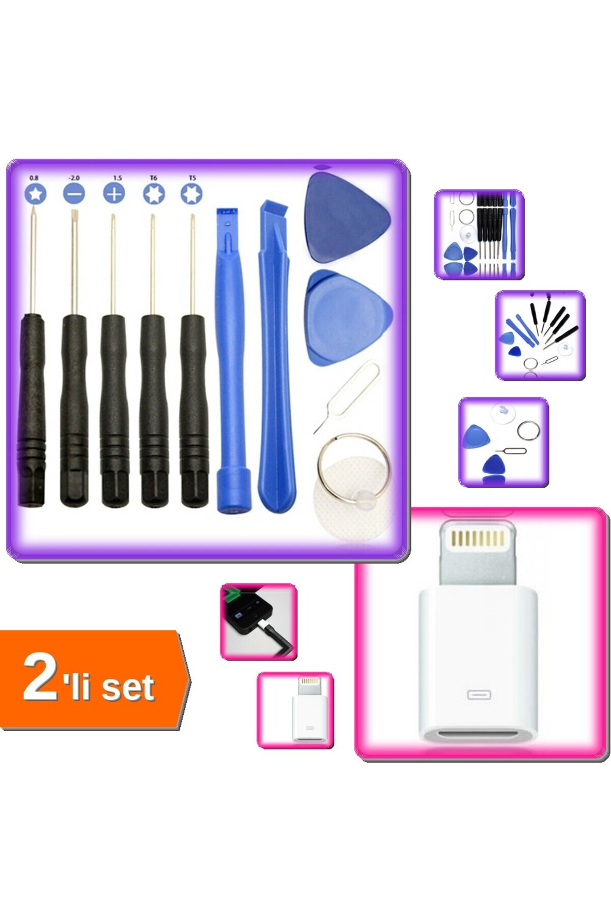 HerEveOyuncak Elektronik Tamir Seti 11 Parça + Android Şarj Kablosunu iPhone 5 Lightning Çevirici - 2li Set H2C1B0