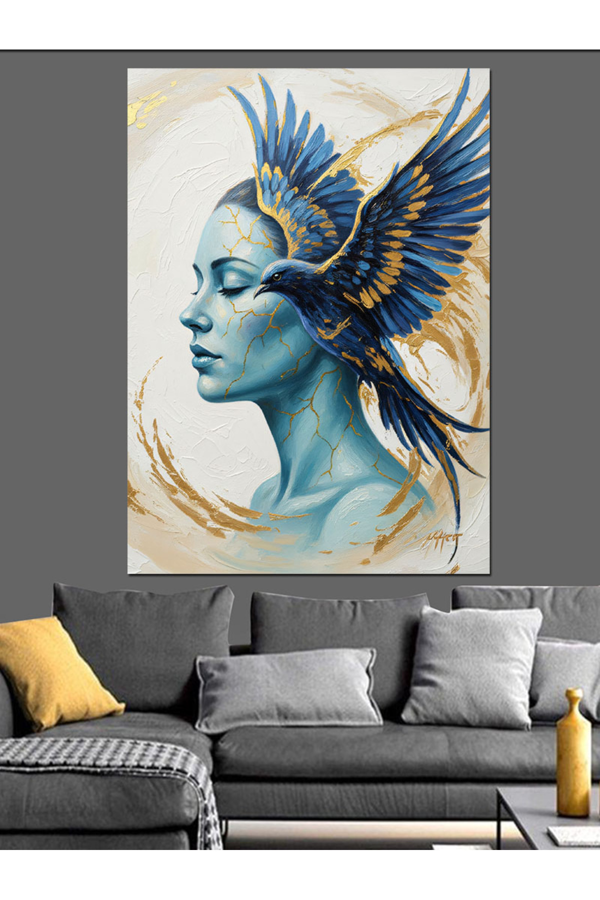 Kanatlı Mavi Kuş Yüksek kaliteli yağlı boya dokulu Kanvas Canvas Tablo kanvas tablo canvas tablo du