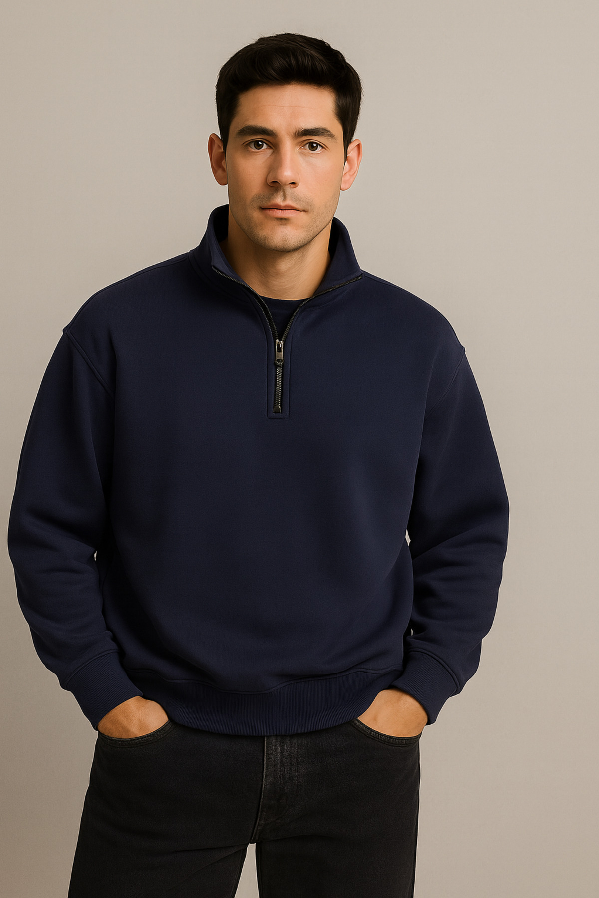 Relax family xf Erkek Dik Yaka Yarım Fermuarlı Sweatshirt 3 İplik