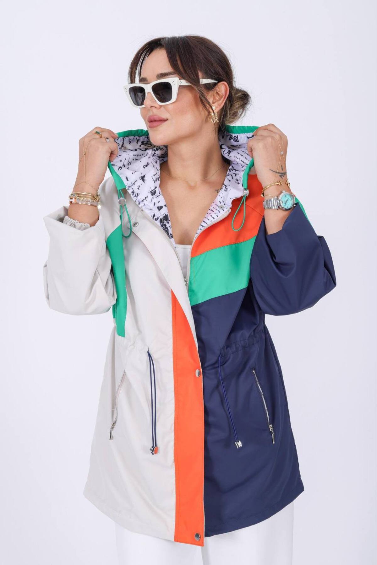 MATTİMODA  Kadın Renkbloklu Astarlı Basen Boy Ceket Yağmurluk - Görsel 4