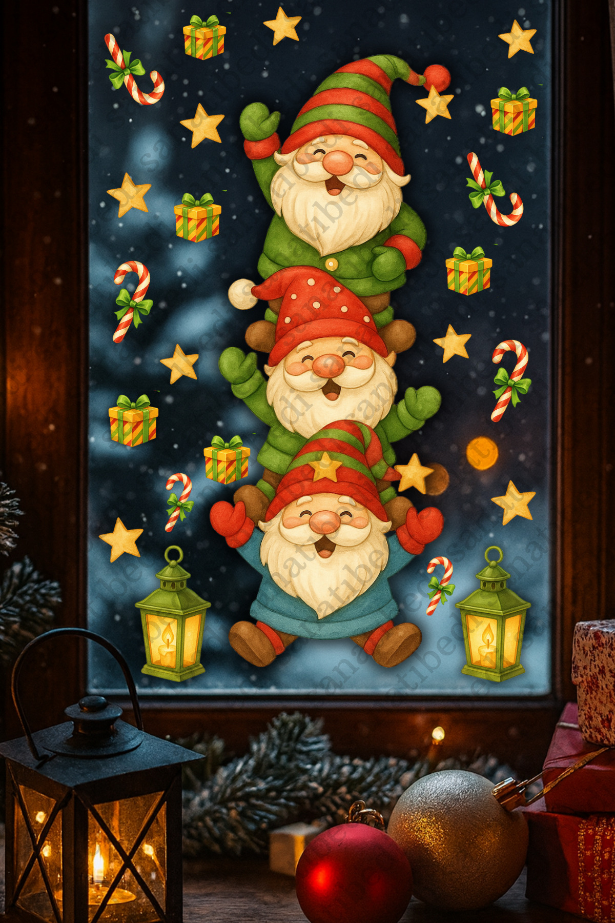 Cheerful Dwarves Christmas Window Decoration Sticker - New Year Door Wall Decoration Label