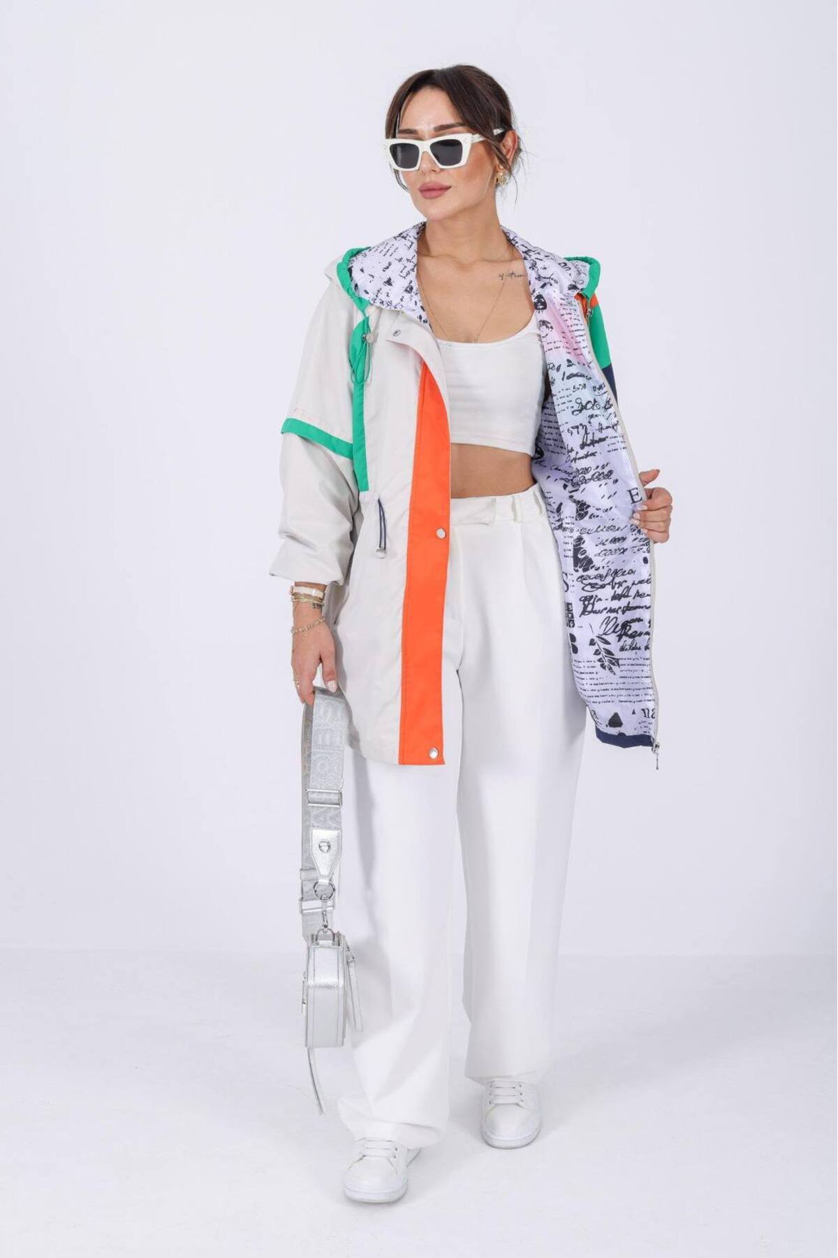 MATTİMODA  Kadın Renkbloklu Astarlı Basen Boy Ceket Yağmurluk - Görsel 5