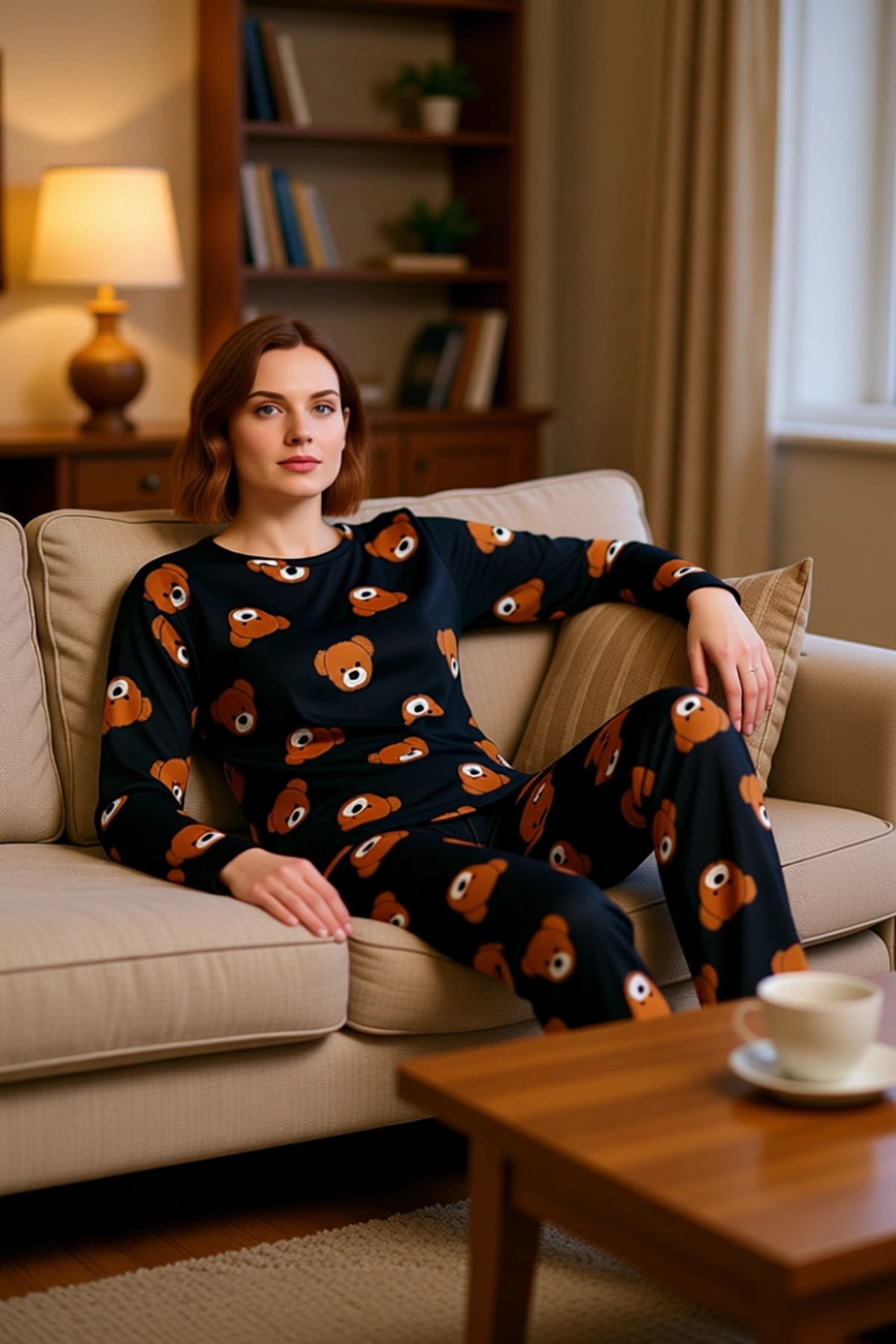 Ayıcık Baskılı Uzun Kollu Pijama Takımı Kadın Fonksiyonel Dayanıklı Kaliteli Konforlu Spor