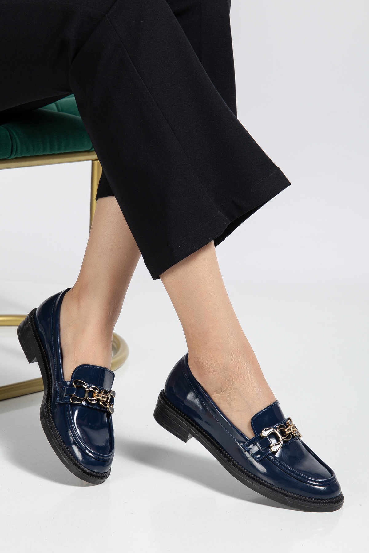 derim shoes  Kadın Lacivert Rugan Suni Deri Loafer Ayakkabı - Görsel 2