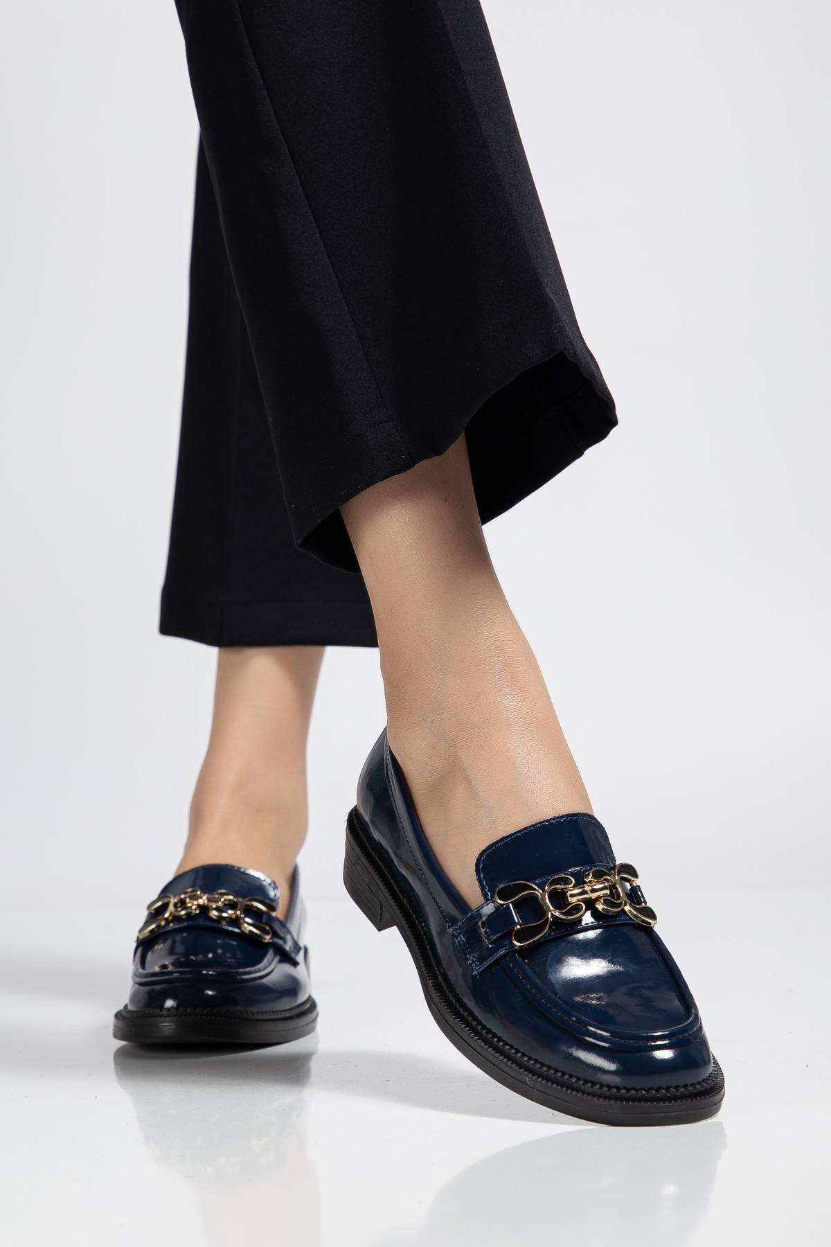 derim shoes  Kadın Lacivert Rugan Suni Deri Loafer Ayakkabı - Görsel 3