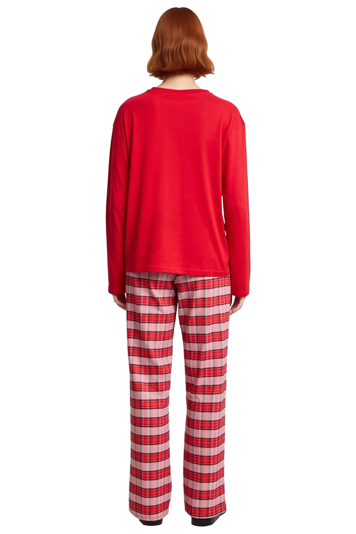 Kadın Ekose Pijama Takımı Uzun Kollu Bisiklet Yaka Fonksiyonel Dayanıklı Kaliteli Konforlu