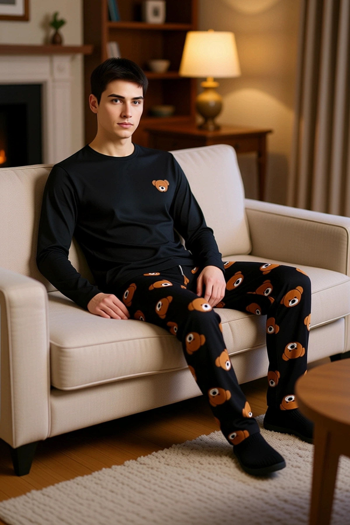 Erkek Ayıcık Baskılı Bisiklet Yaka Pijama Takımı Fonksiyonel Dayanıklı Kaliteli Konforlu Şık