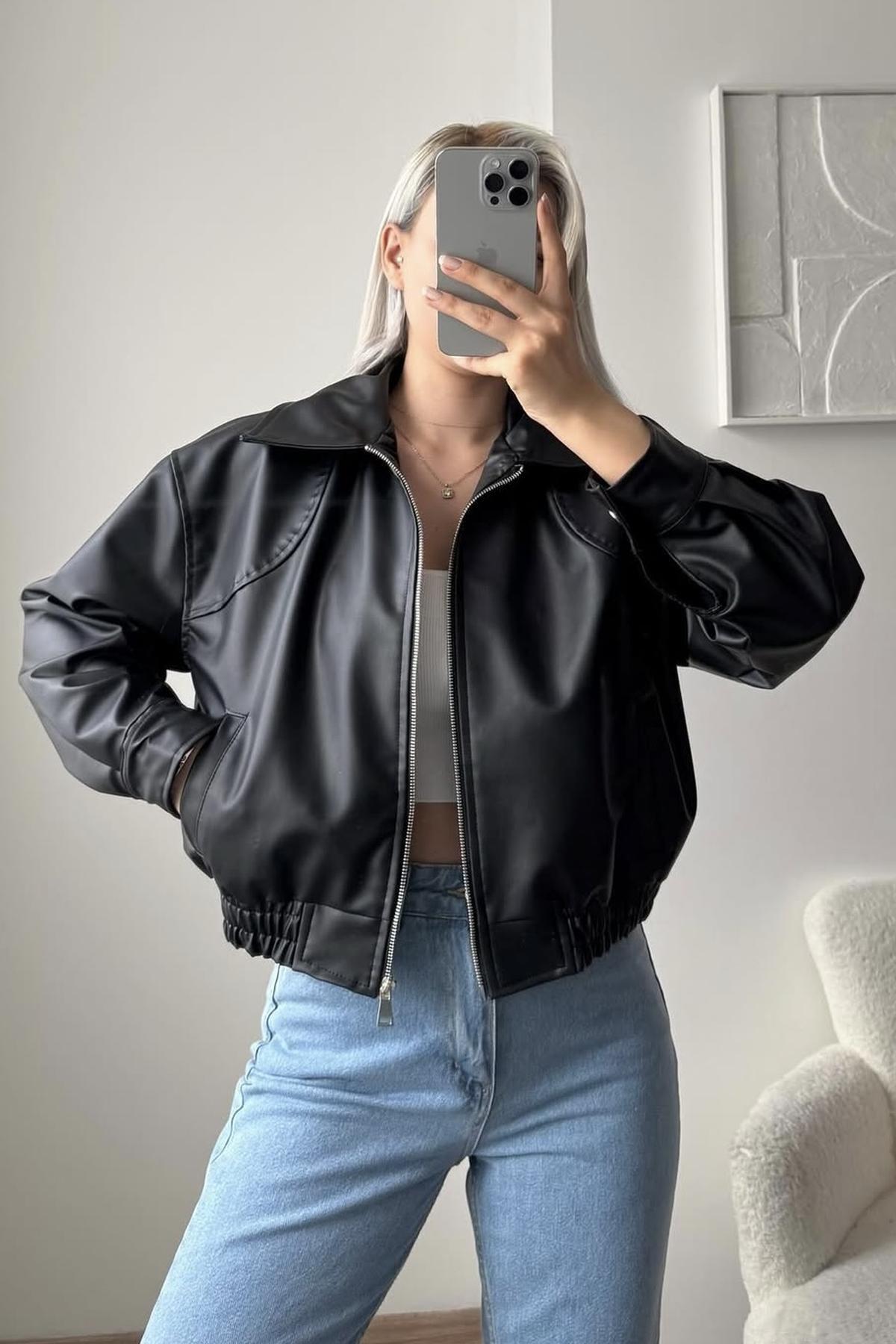 PARİS Women's Bomber Leather Jacket with Elastic Waist