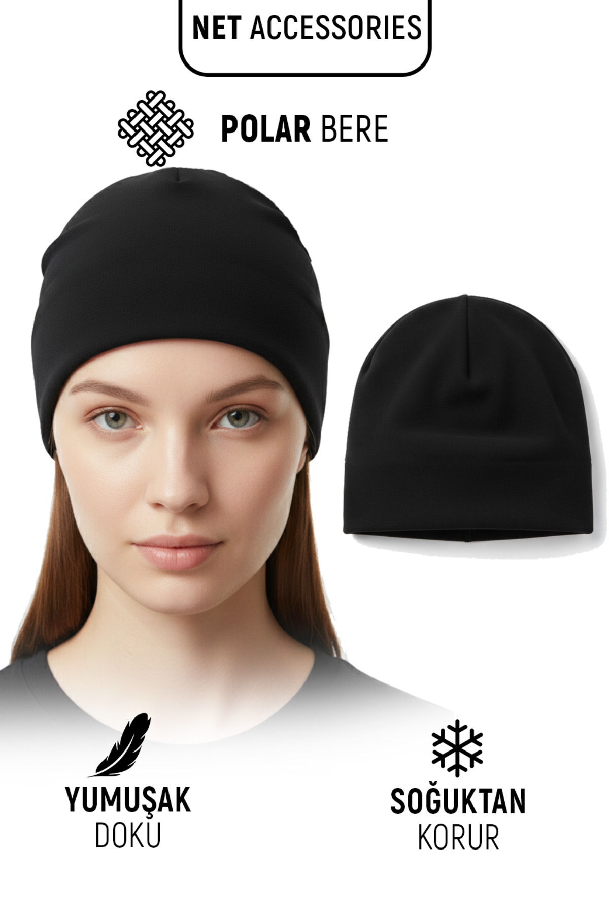 Net Tekstil  Siyah Polar Bere Kışlık Unisex Termal Soğuk Geçirmez - Görsel 2