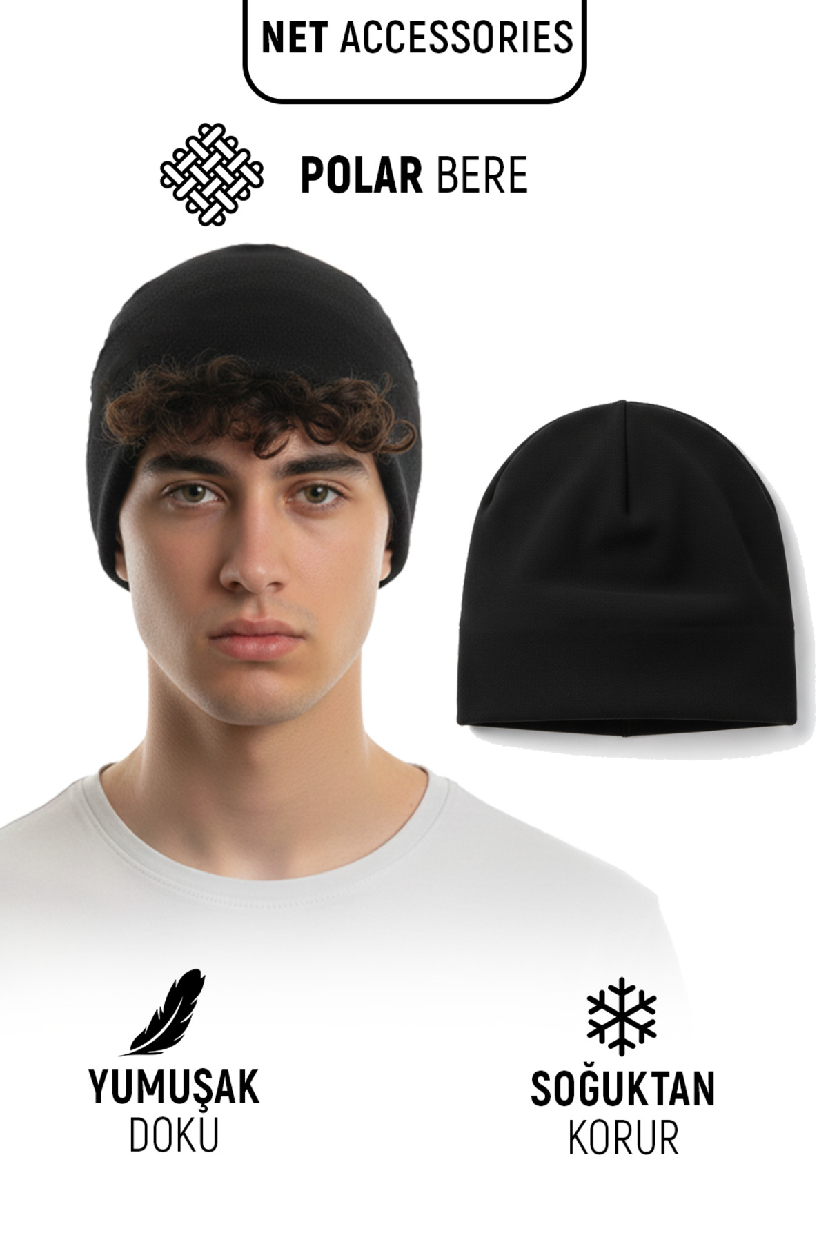 Net Tekstil  Siyah Polar Bere Kışlık Unisex Termal Soğuk Geçirmez - Görsel 3