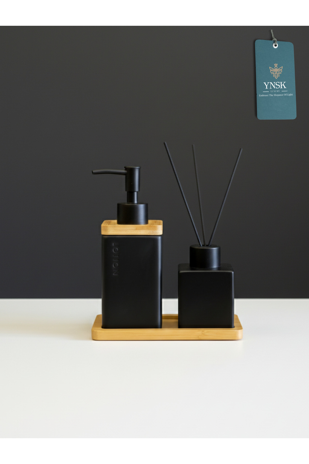 Luxury | Lotion | Luxury Bathroom Set, Ceramic Liquid Soap Dispenser, Ceramic Room Fragrance Bottle, Bamboo Tray