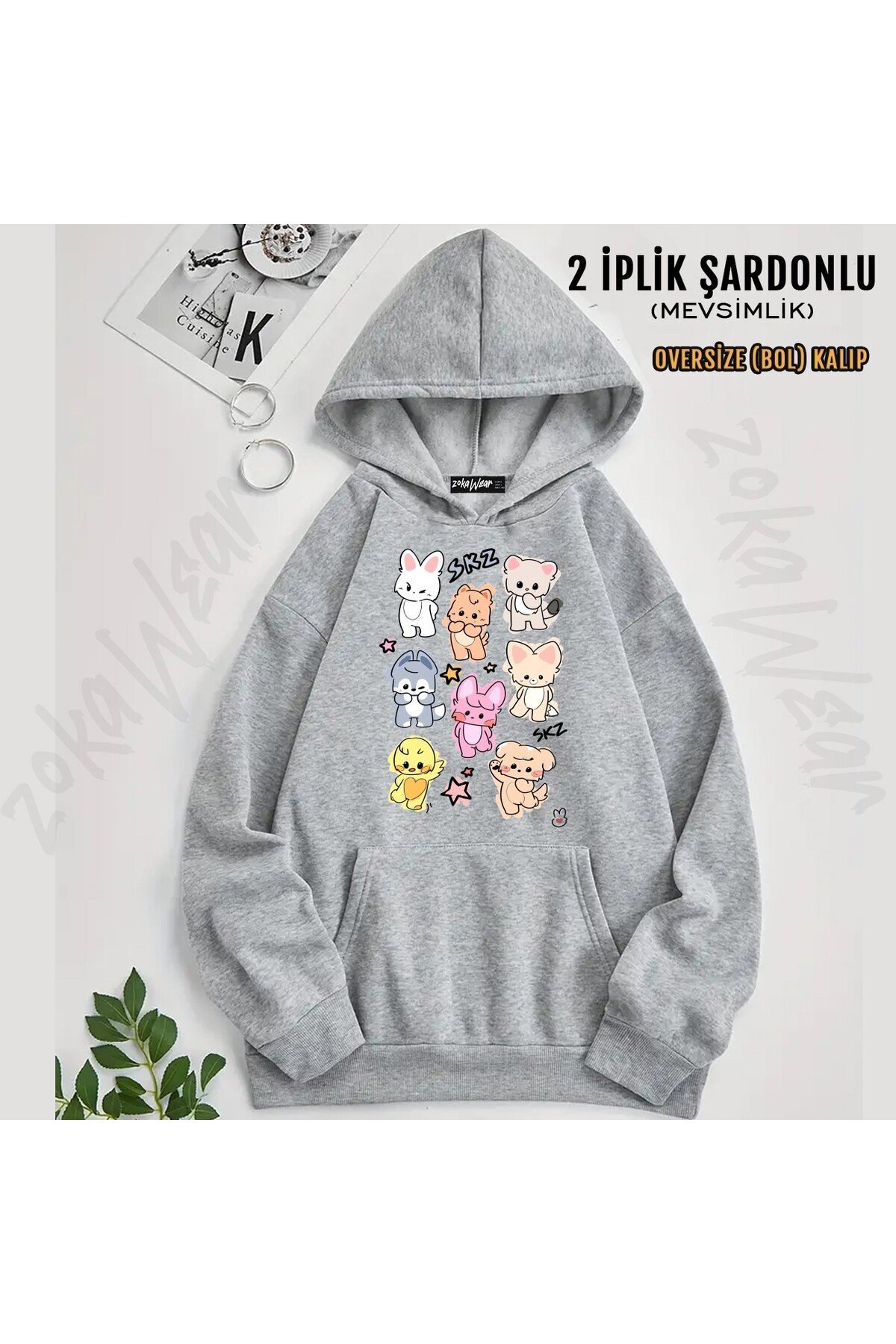 ZOKAWEAR Stray Kids Skzoo v3 Baskılı Kapüşonlu Sweatshirt (2 İplik