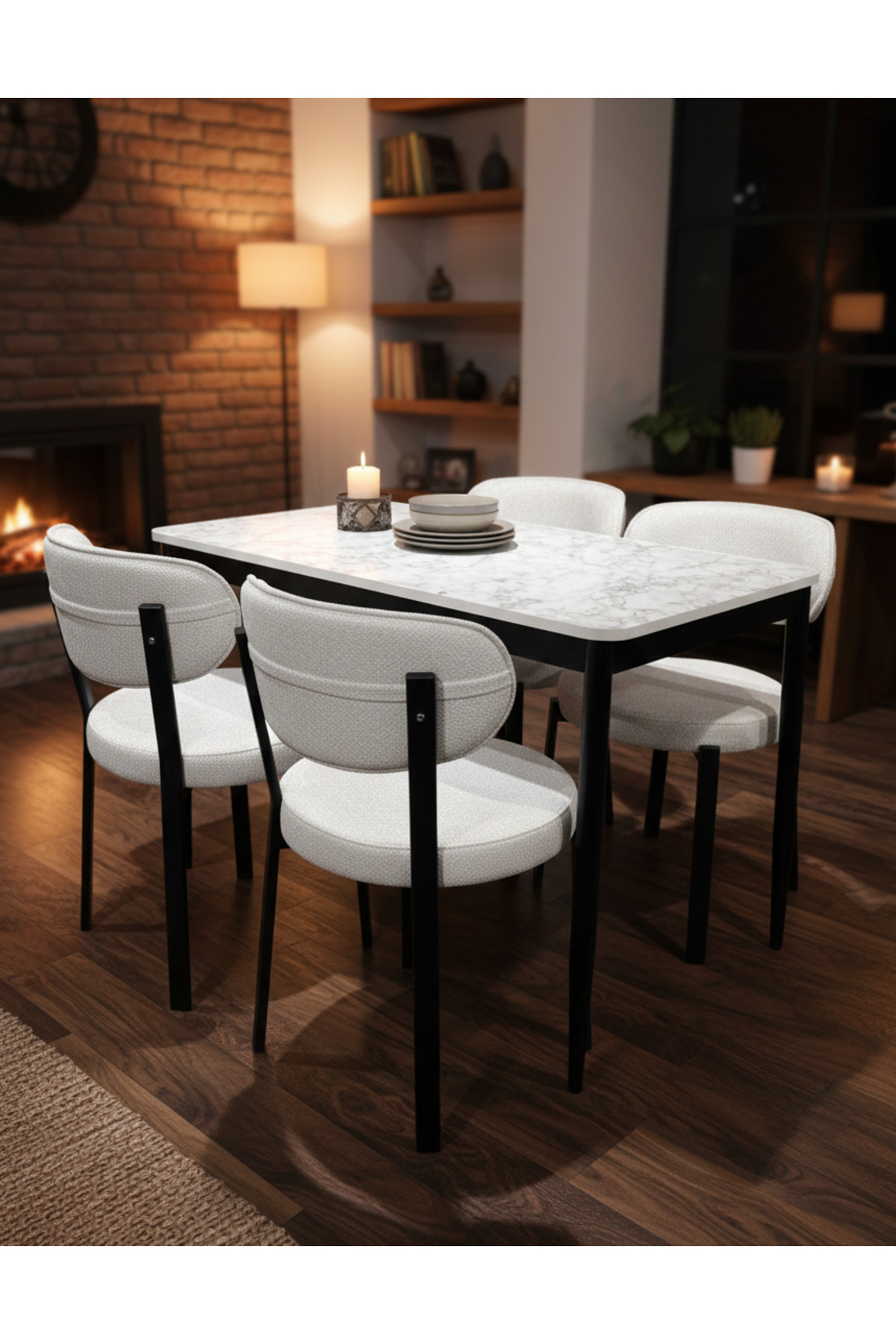 DİLETTO 70x110 YEMEK MASA TAKIMI MUTFAK MASASI 4 KİŞİLİK MASA SANDALYE TAKIMI BEYAZ MERMER KREM RENK