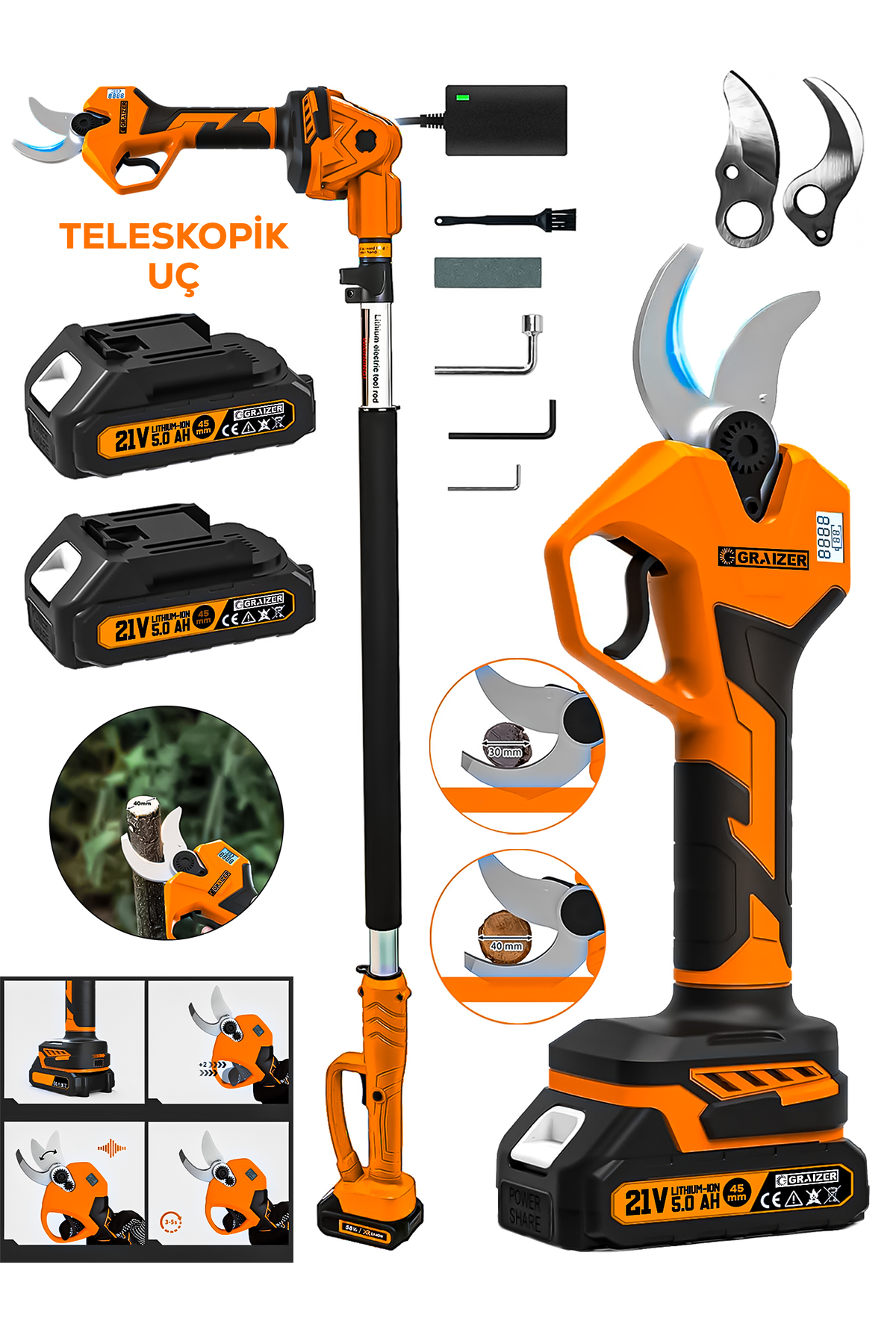 Graizer 52-TT Brushless Motor Teleskop Akülü Bağ Dal Ağaç Kesme