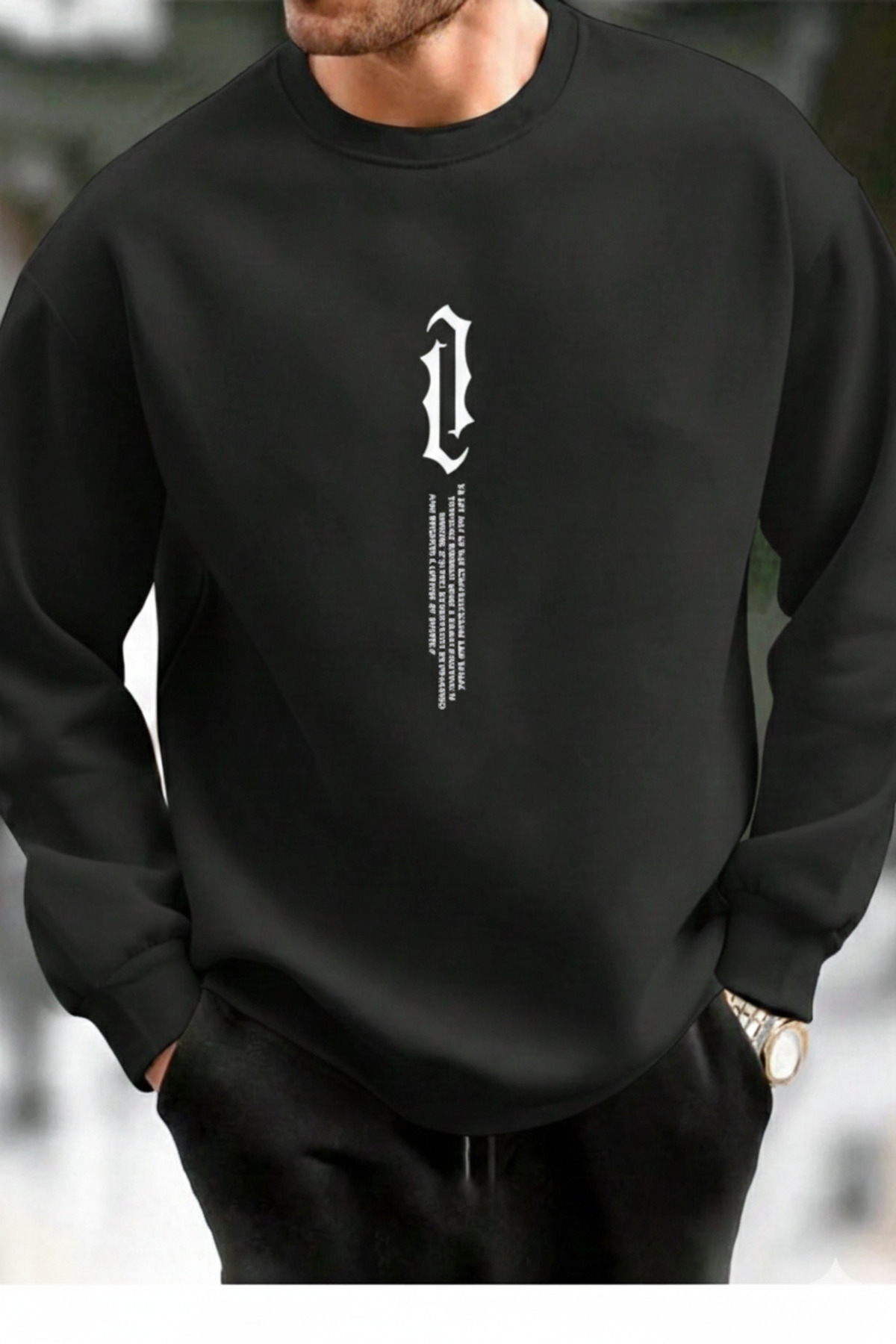 Unisex Dikey Baskılı Sıfır Yaka Regular Sweatshirt %100 Pamuk — مشکی onb34596