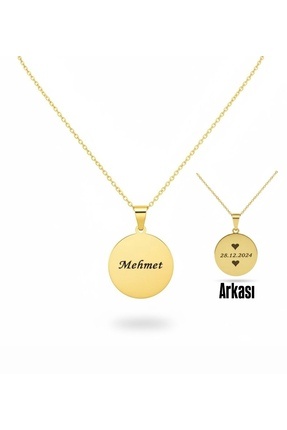 Elvia Atelier Kişiye Özel İsimli Altın Rengi Yuvarlak Plaka Çelik Kolye