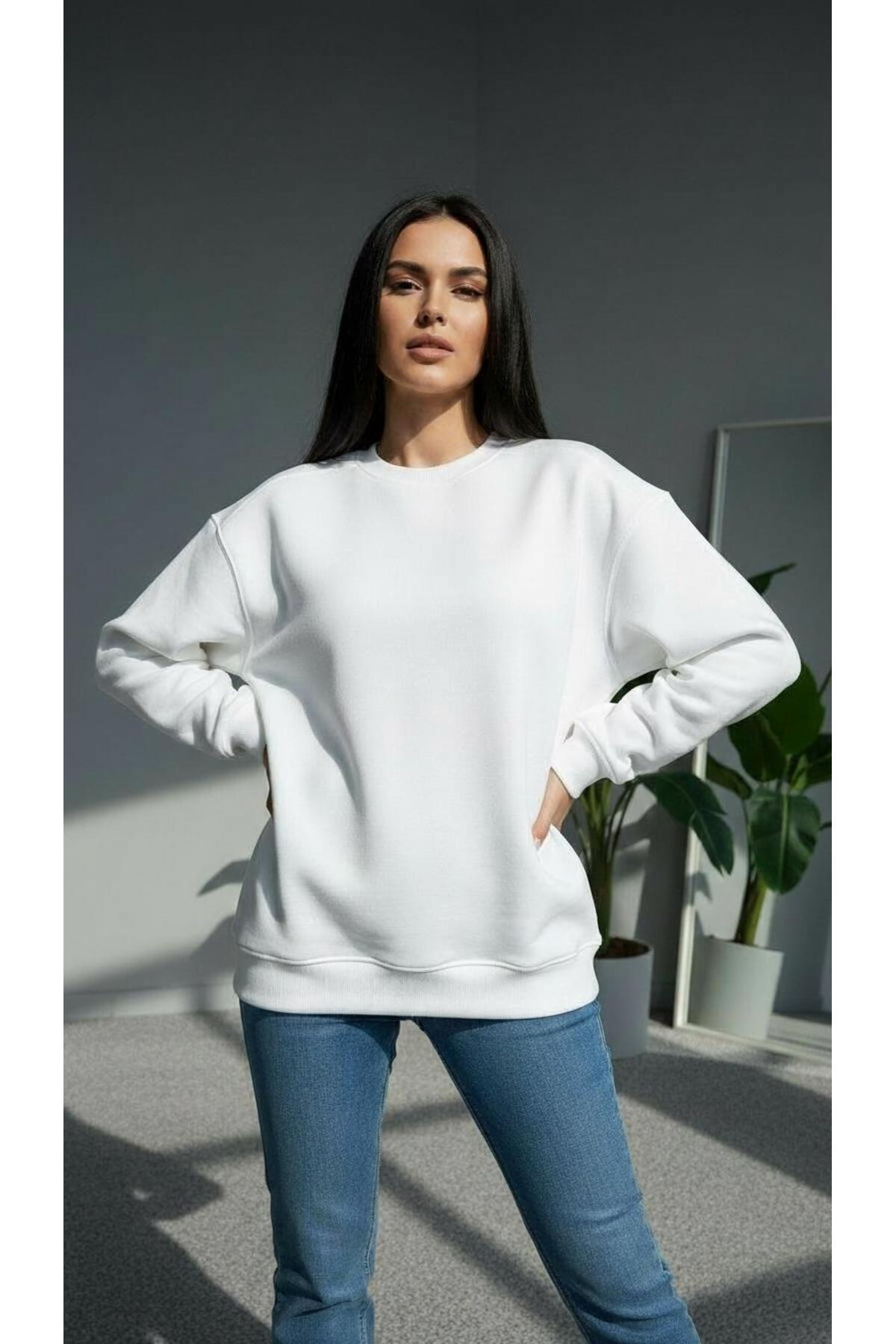 Oversize Wide Fit Crew Neck Plain Basic Sweatshirt