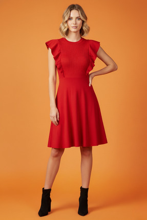 Genel Markalar Bisiklet Yaka Volanlı Kırmızı Kaşkorse Elbise