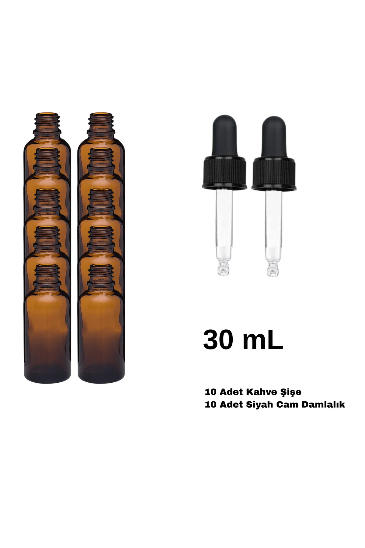 labbakkal Cam Damlalıklı Ecza Şişe 30 ml Amber - Siyah Kilitli 18 mm Kapak 10 Adet