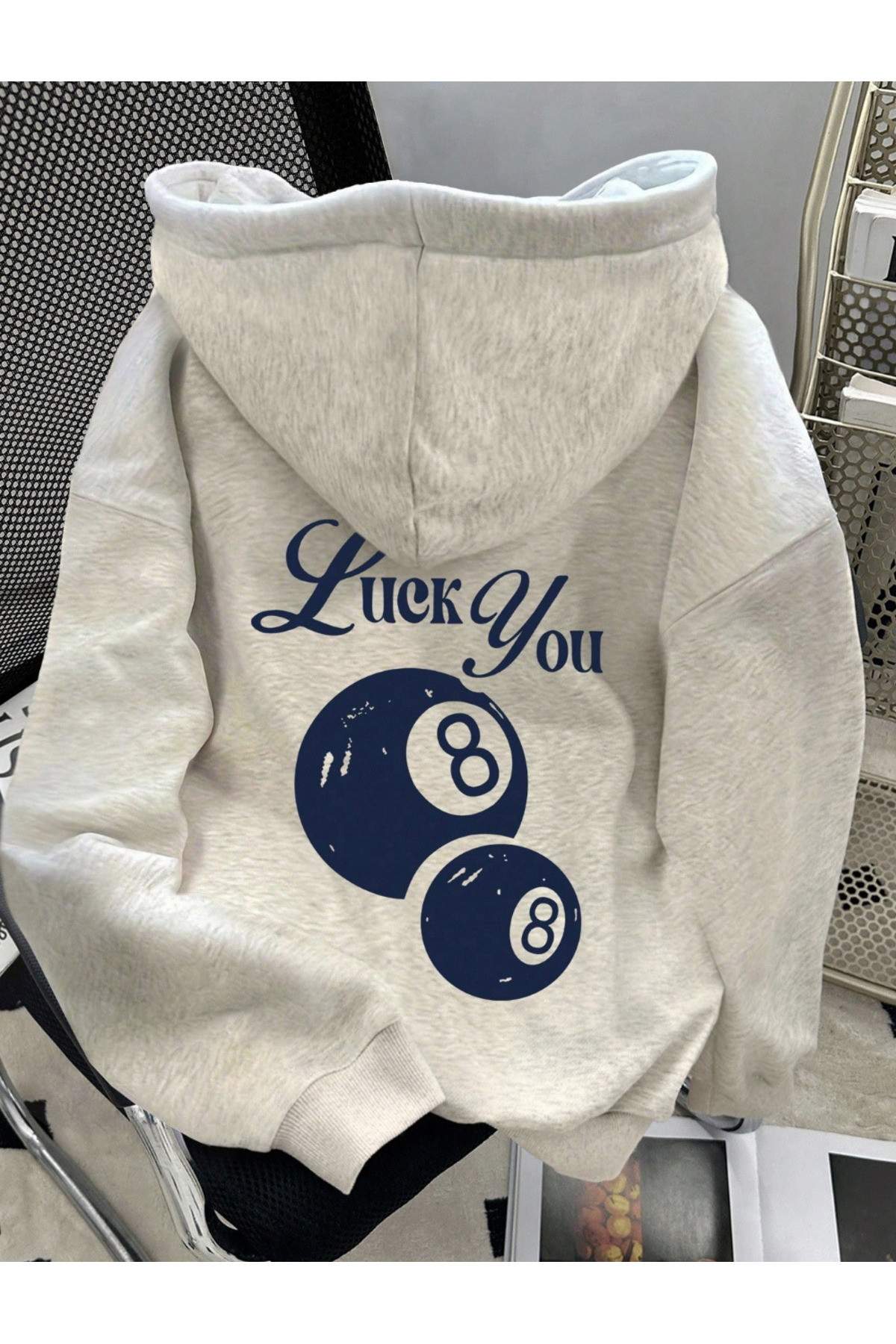 COHERENT  Unisex Erkek/Kadın Renkli Özel Baskılı LUCKYOU Pamuklu Oversize Kapüşonlu Sweatshirt