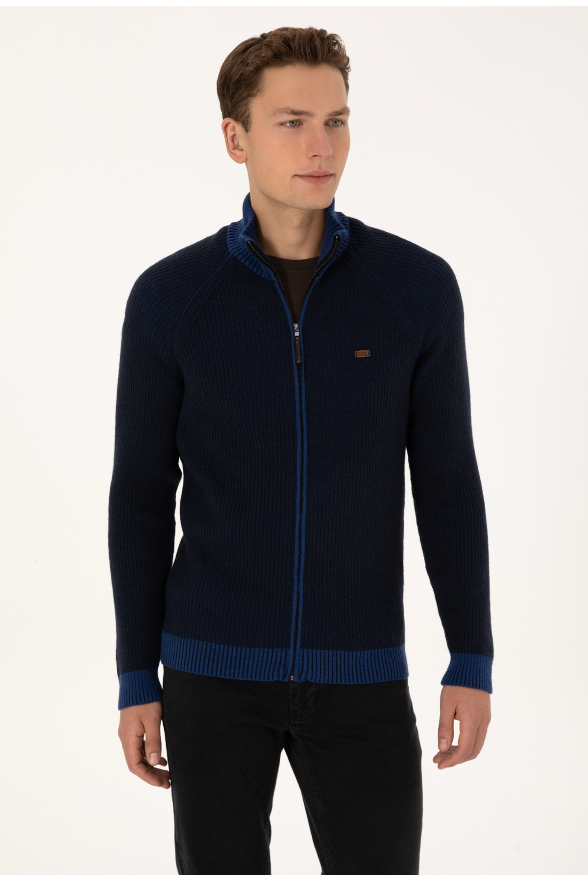 یو اس پولو ژاکت کشباف مردانه یقه ایستاده سرمه‌ای DMK.2335444.TALO