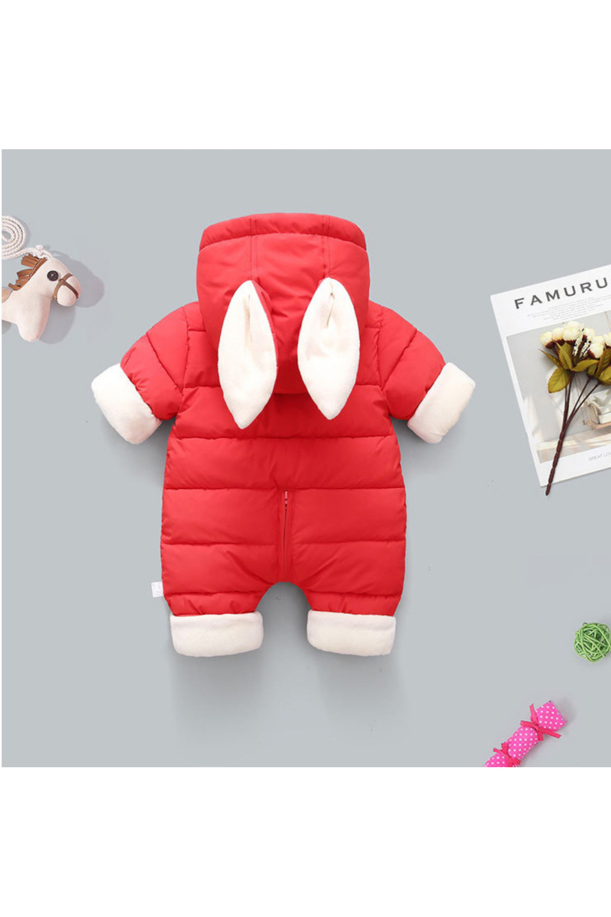 melisam.msg Kız Erkek Bebek Tavşan Kulaklı Kış Kalın Sevimli Astar Şişme Tulum Mont fotoğrafı 3 (önizleme)