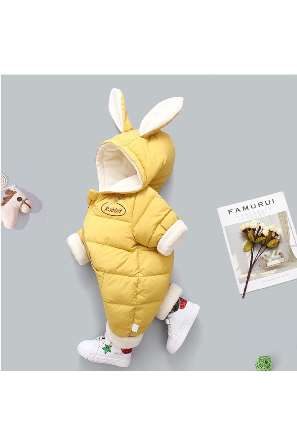 melisam.msg Kız Erkek Bebek Tavşan Kulaklı Kış Kalın Sevimli Astar Şişme Tulum Mont fotoğrafı 2 (önizleme)