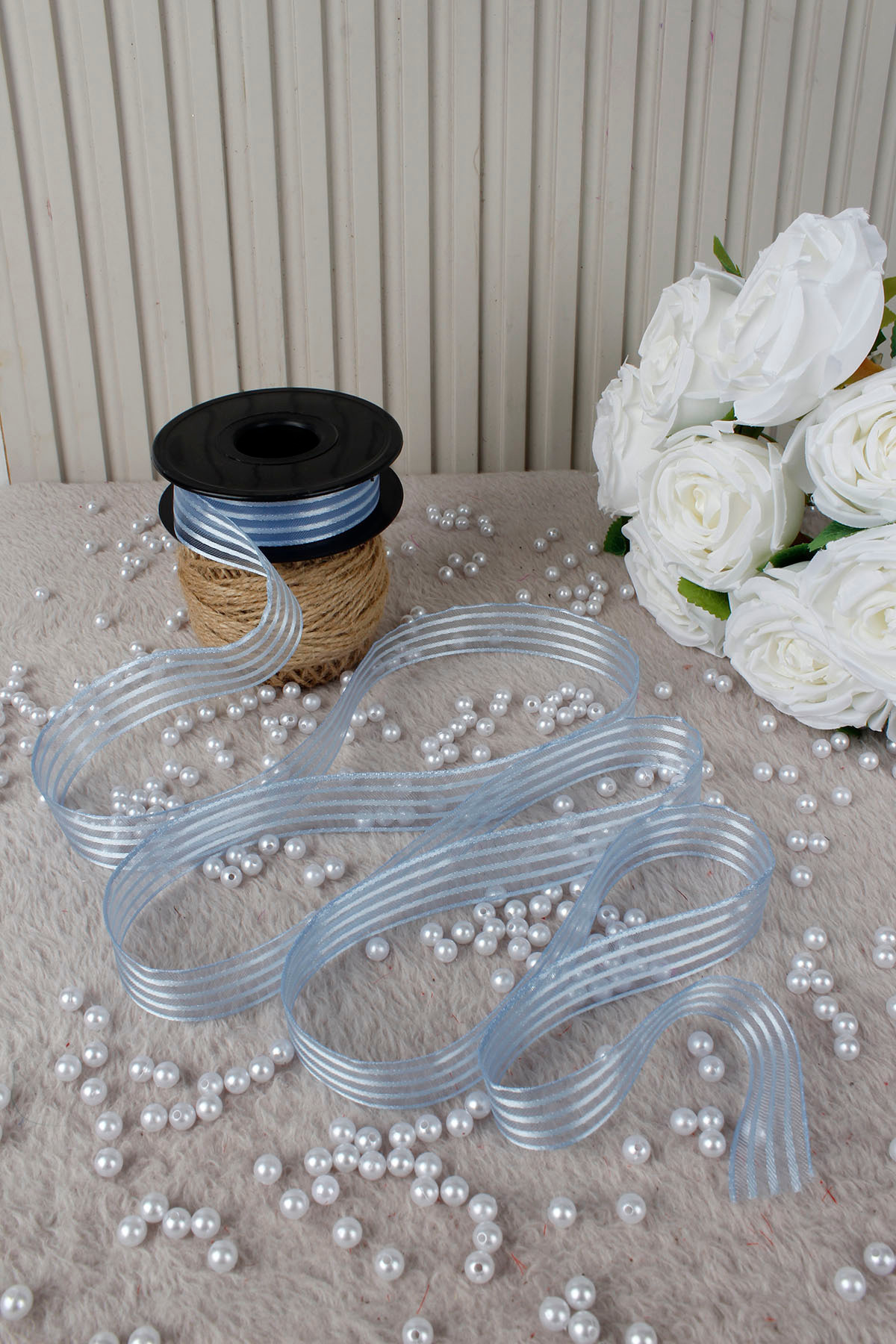 Baby Blue Hilton Striped Chiffon Ribbon 2.5 cm 20 mt-Bundle,Wedding,Engagement,Dowry,Gift,Ornament,Party