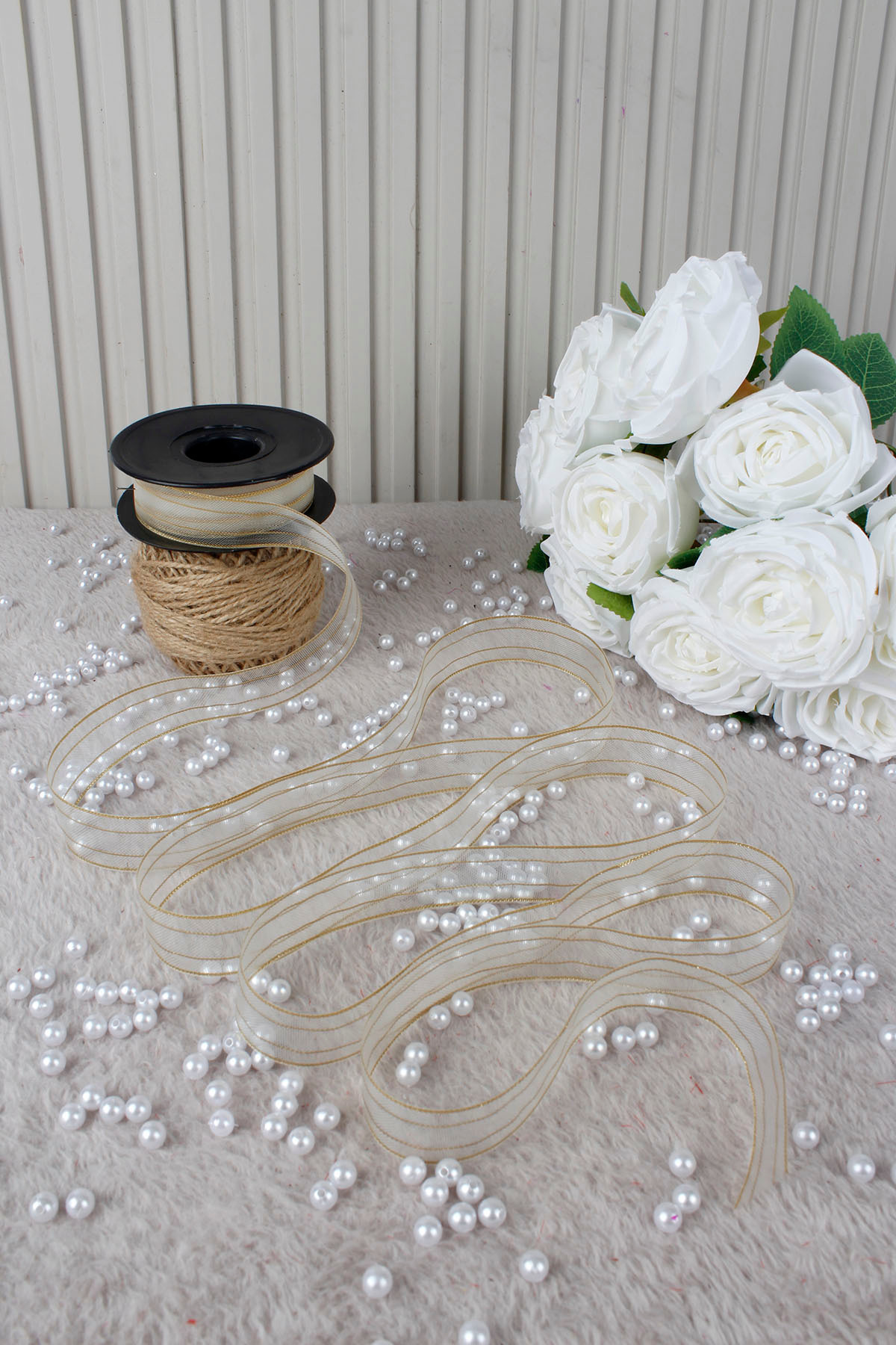 Golden Hilton Striped Chiffon Ribbon 2.5 cm 20 mt-Bundle, Wedding, Engagement, Dowry, Gift, Ornament, Party