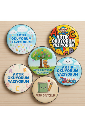 Efza gift Artık Okuyorum Yazıyorum Rozet Seti – 6’lı Büyük Boy 58 mm Öğrenci ...