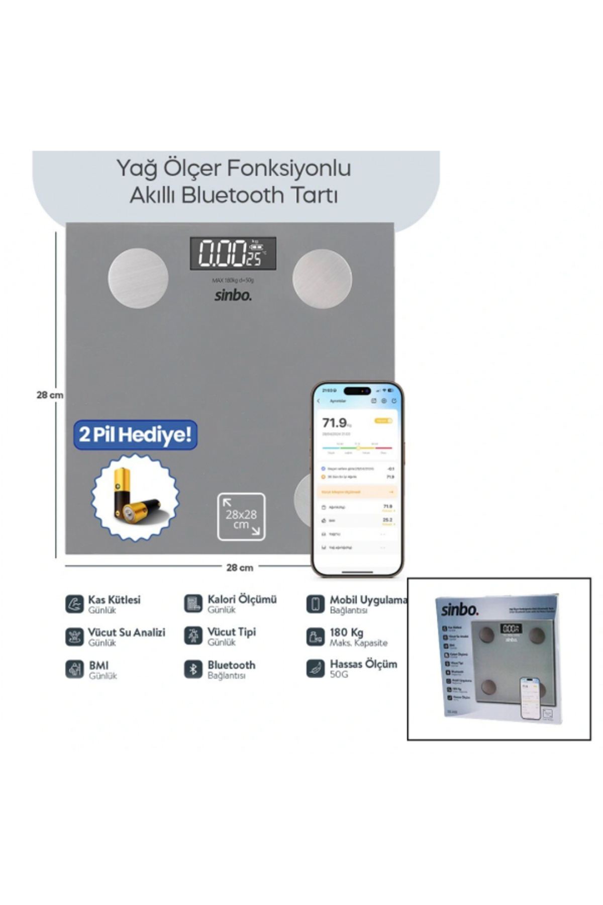 Go İthalat GRİ YAĞ ÖLÇER AKILLI BLUETOOTH CAM BASKÜL PİLLİ 180KG/50GR 28X28CM 8-KİŞİ HAFIZA LCD EKRAN ℃ GÖSTERG