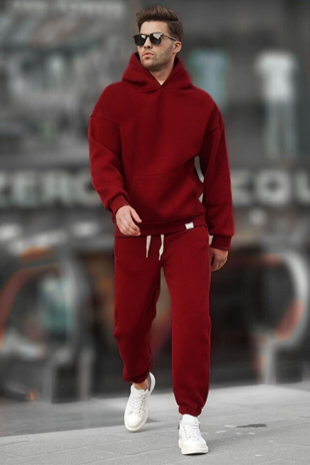 Kapşonlu 3 İplik Şardonlu Rahat Kesim Kışlık Hoodie Eşofman Takımı — زرشکی MstfETK3I-1